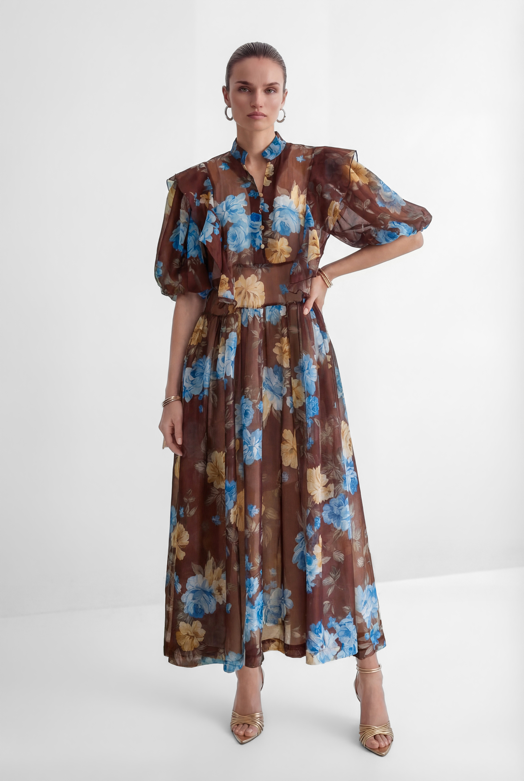 Oh-So Stunning Brown Floral Print Ruffled Maxi Dress-purelyfable