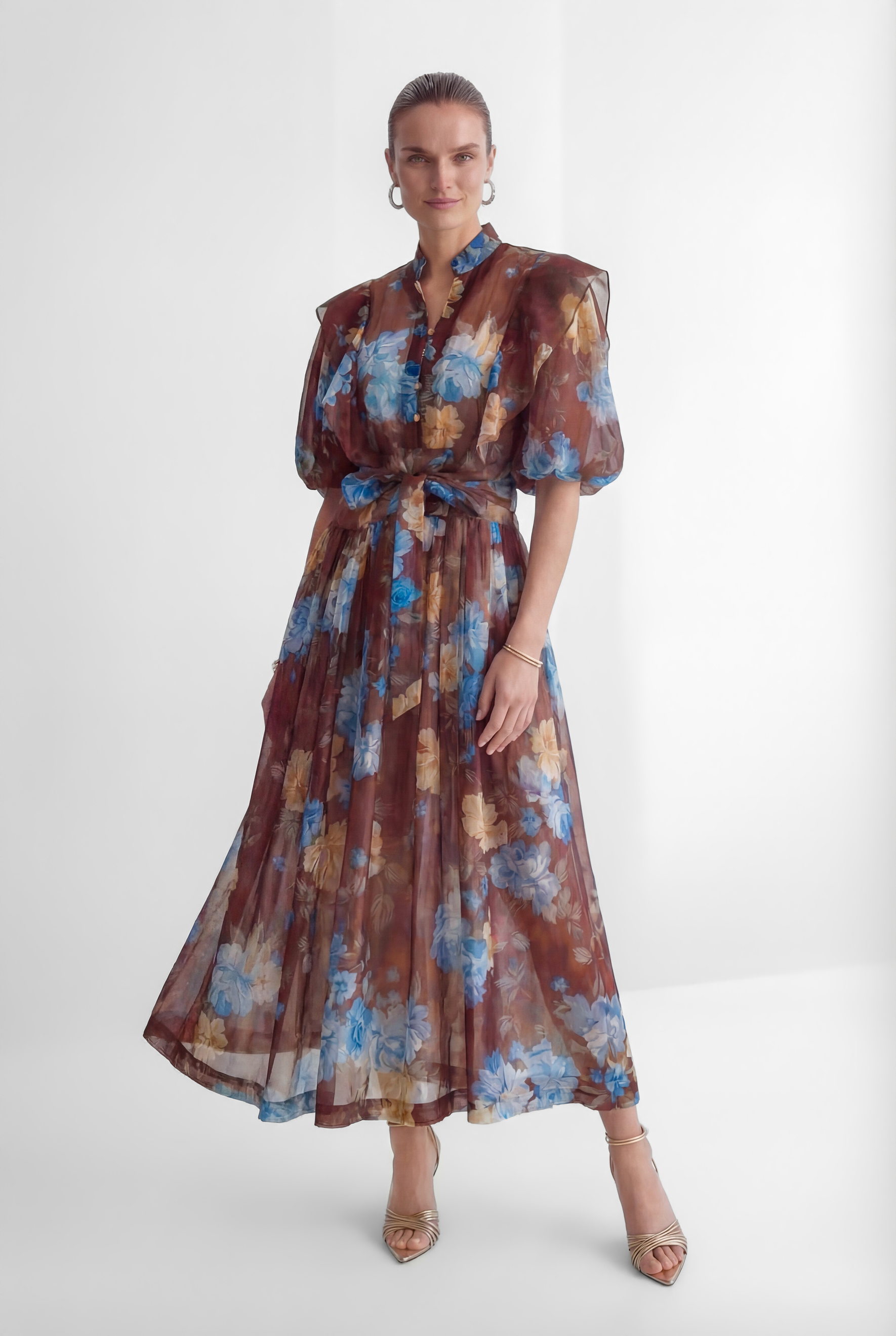 Oh-So Stunning Brown Floral Print Ruffled Maxi Dress-purelyfable