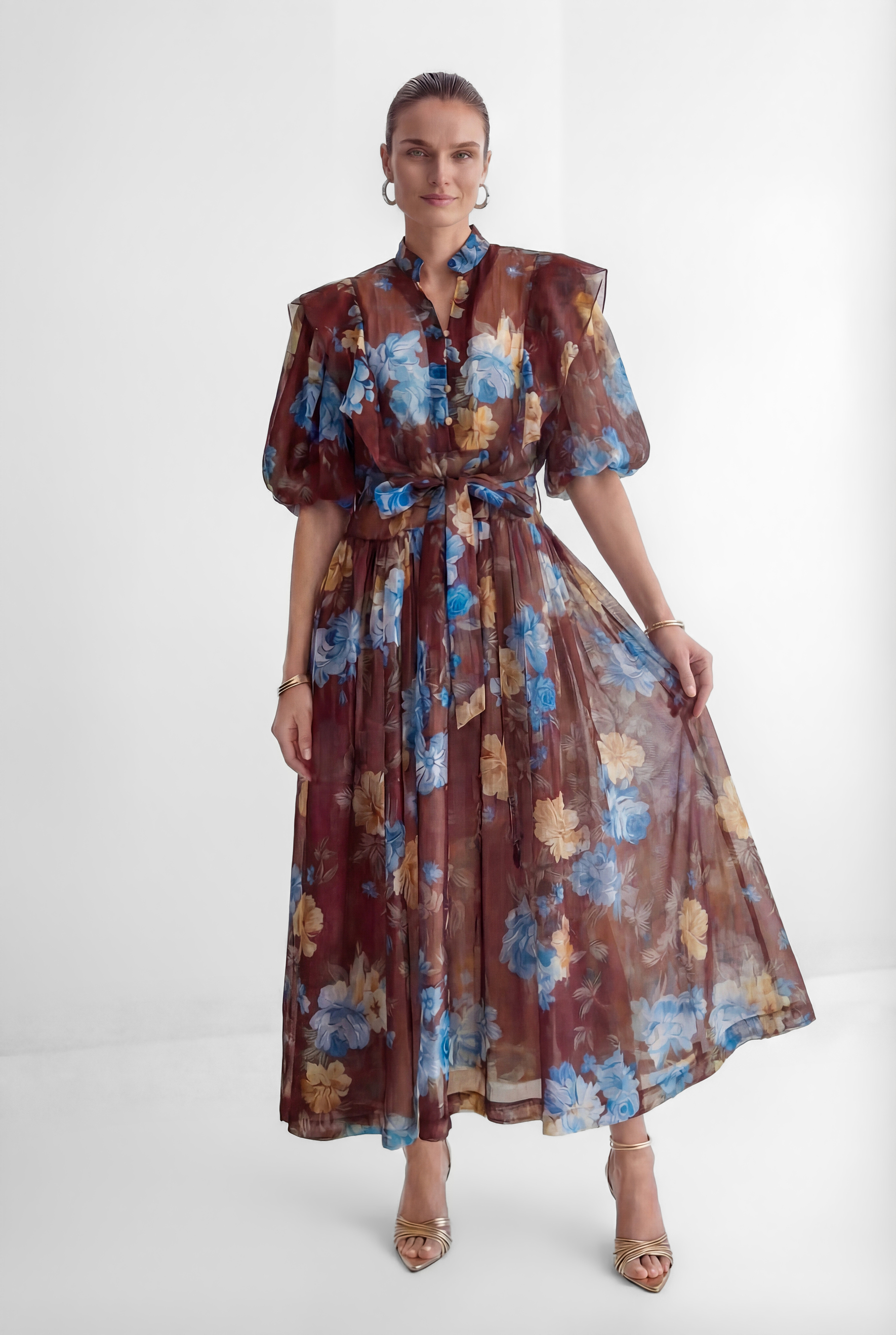 Oh-So Stunning Brown Floral Print Ruffled Maxi Dress-purelyfable