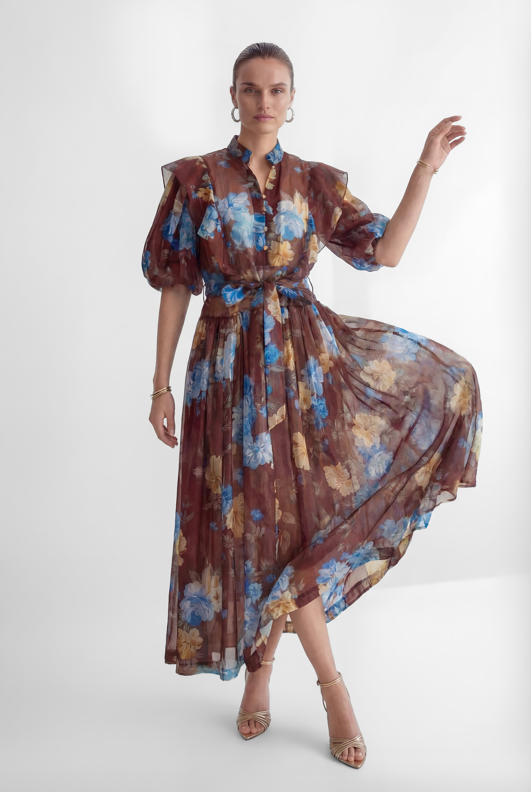 Oh-So Stunning Brown Floral Print Ruffled Maxi Dress-purelyfable