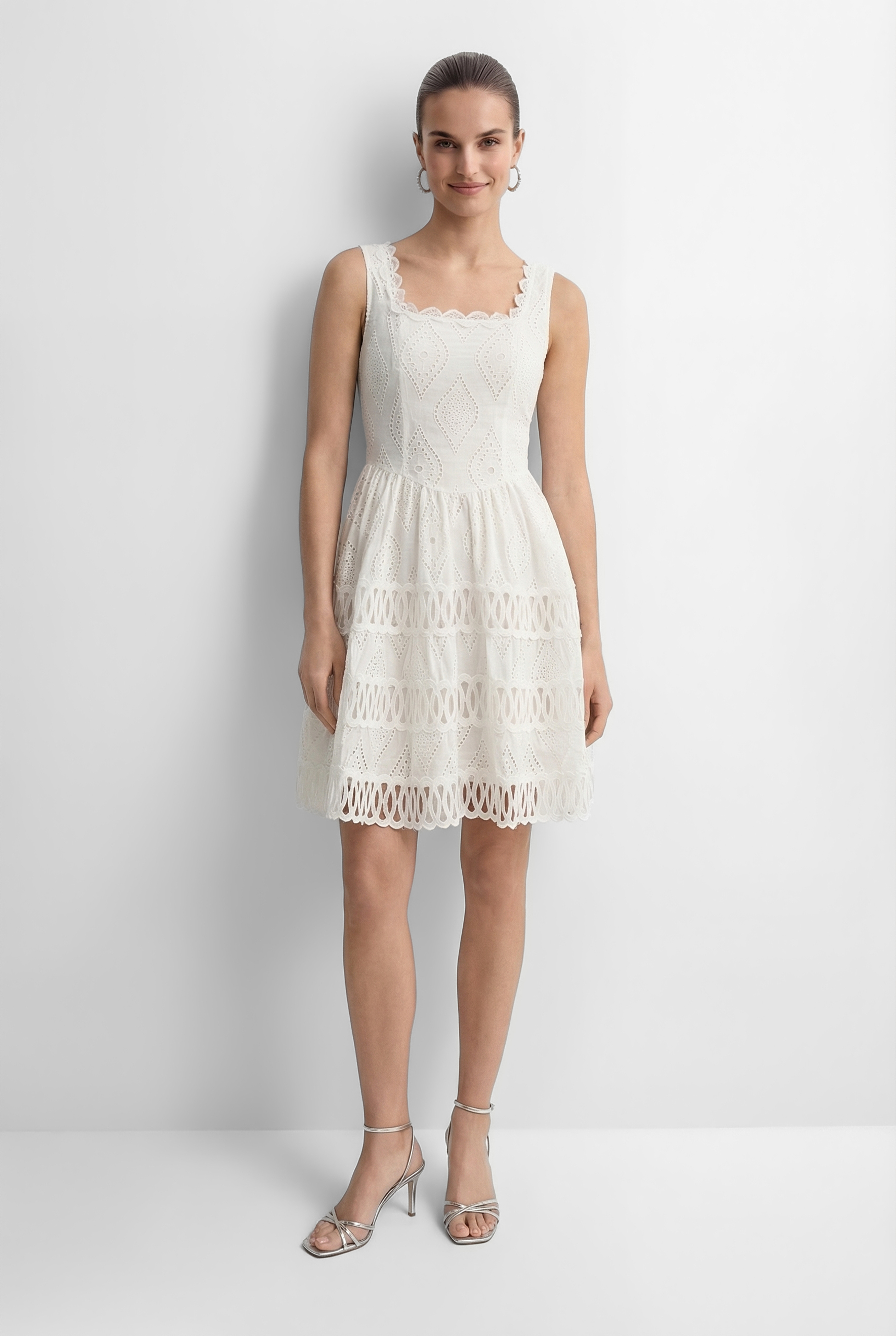Sleek Essence White Sleeveless Embroidery Lace Mini Dress-purelyfable