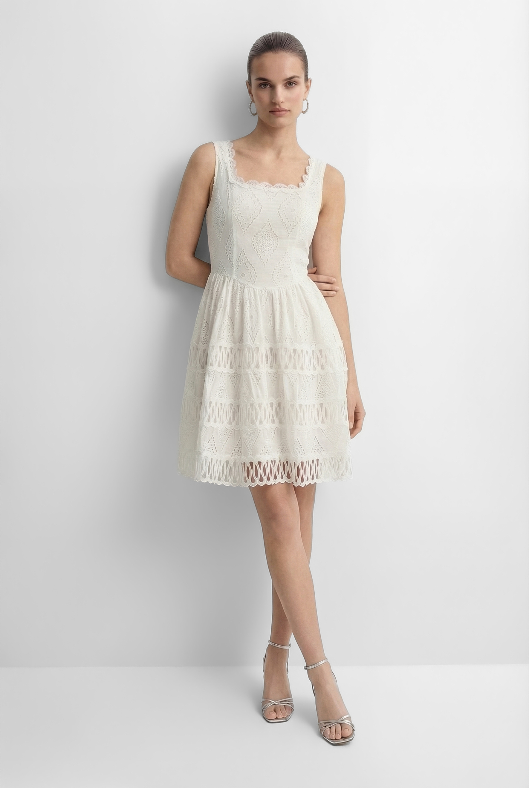 Sleek Essence White Sleeveless Embroidery Lace Mini Dress-purelyfable