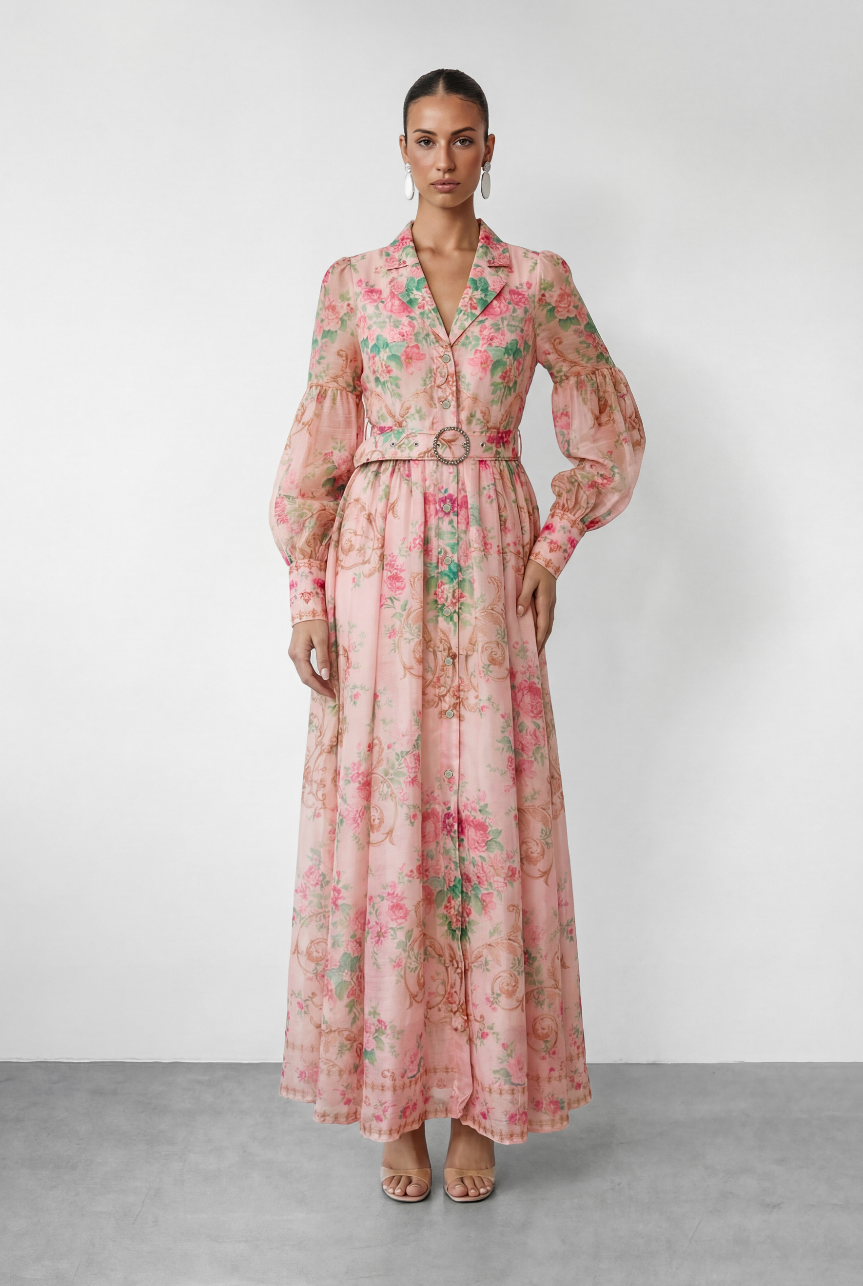 Vivid Daydream Pink Floral Print Rhinestone Belt Maxi Dress-purelyfable