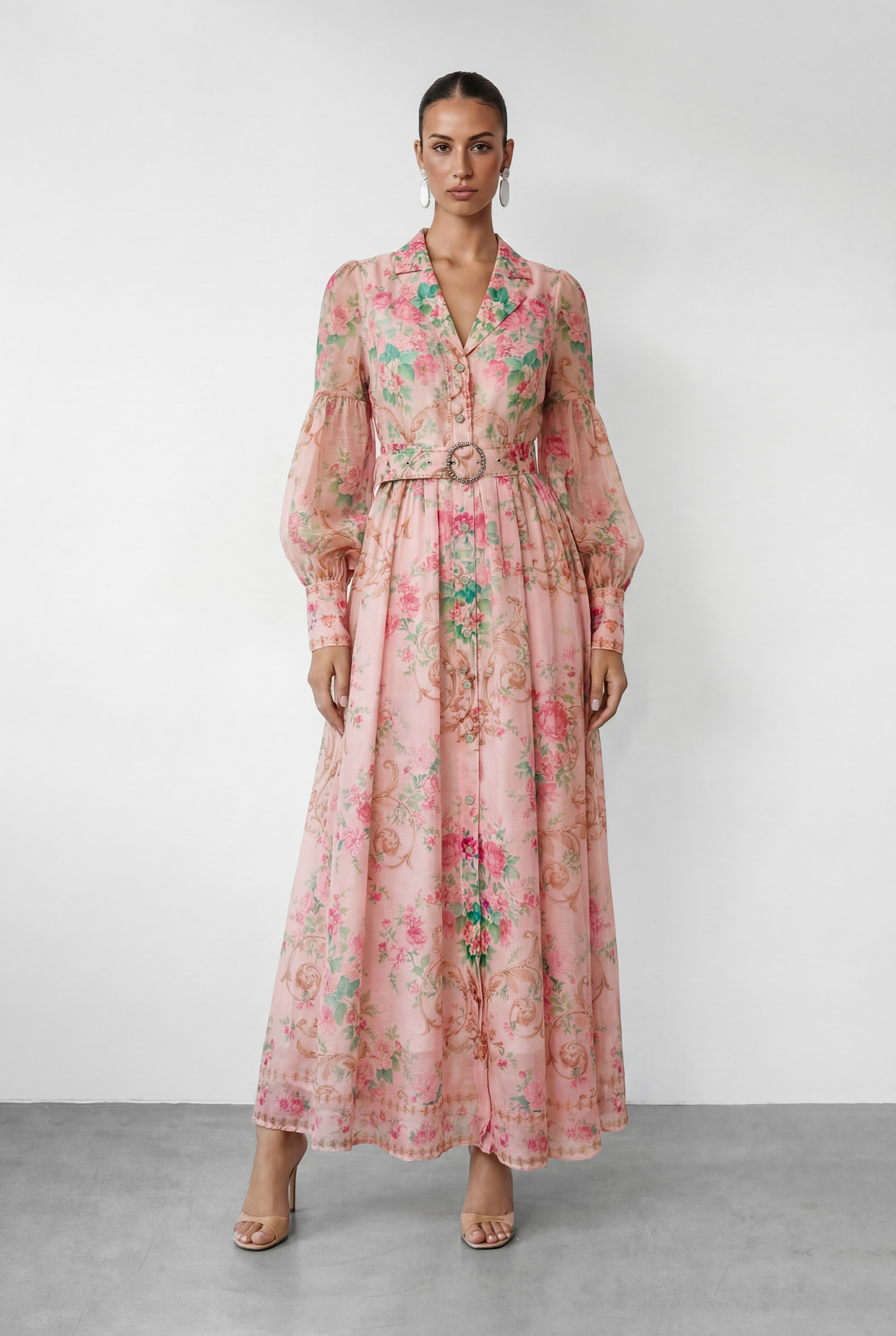 Vivid Daydream Pink Floral Print Rhinestone Belt Maxi Dress-purelyfable