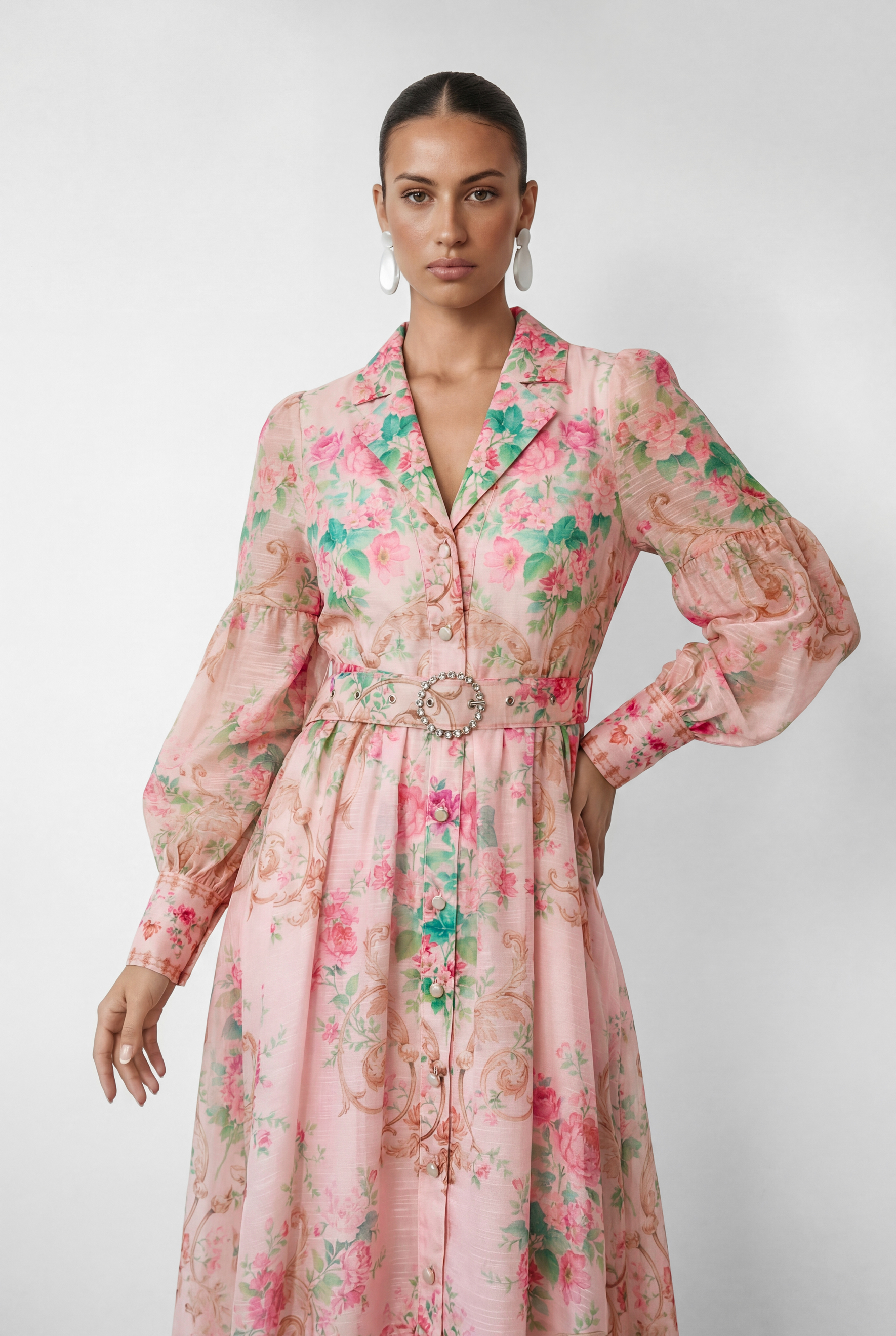 Vivid Daydream Pink Floral Print Rhinestone Belt Maxi Dress-purelyfable
