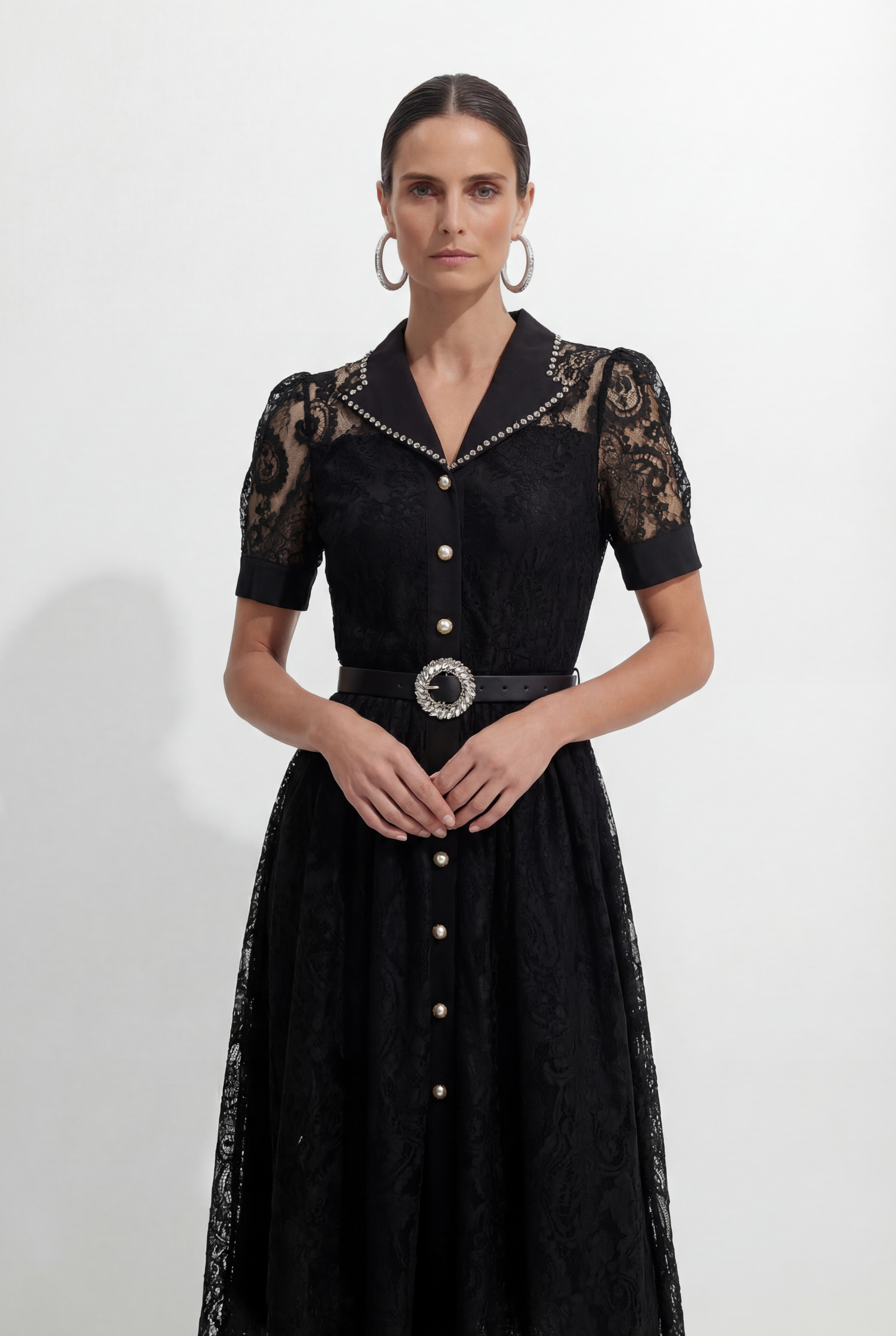 Be The One Black Lapel Collar Lace Midi Dress-purelyfable