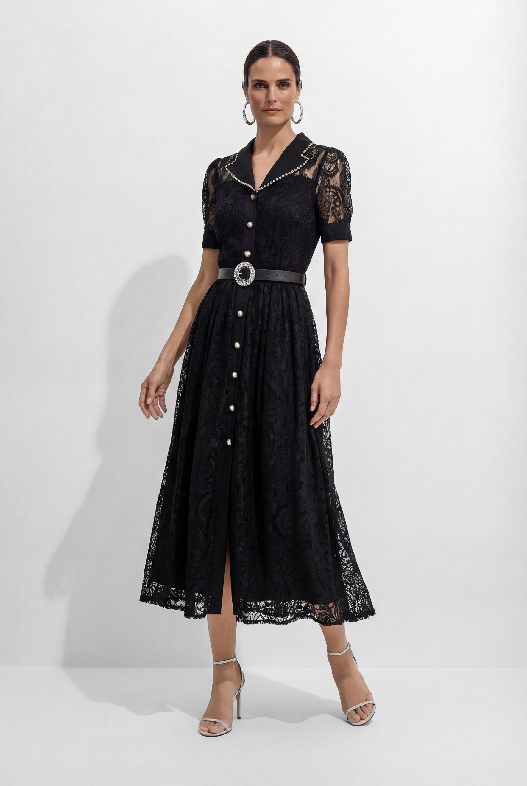 Be The One Black Lapel Collar Lace Midi Dress-purelyfable