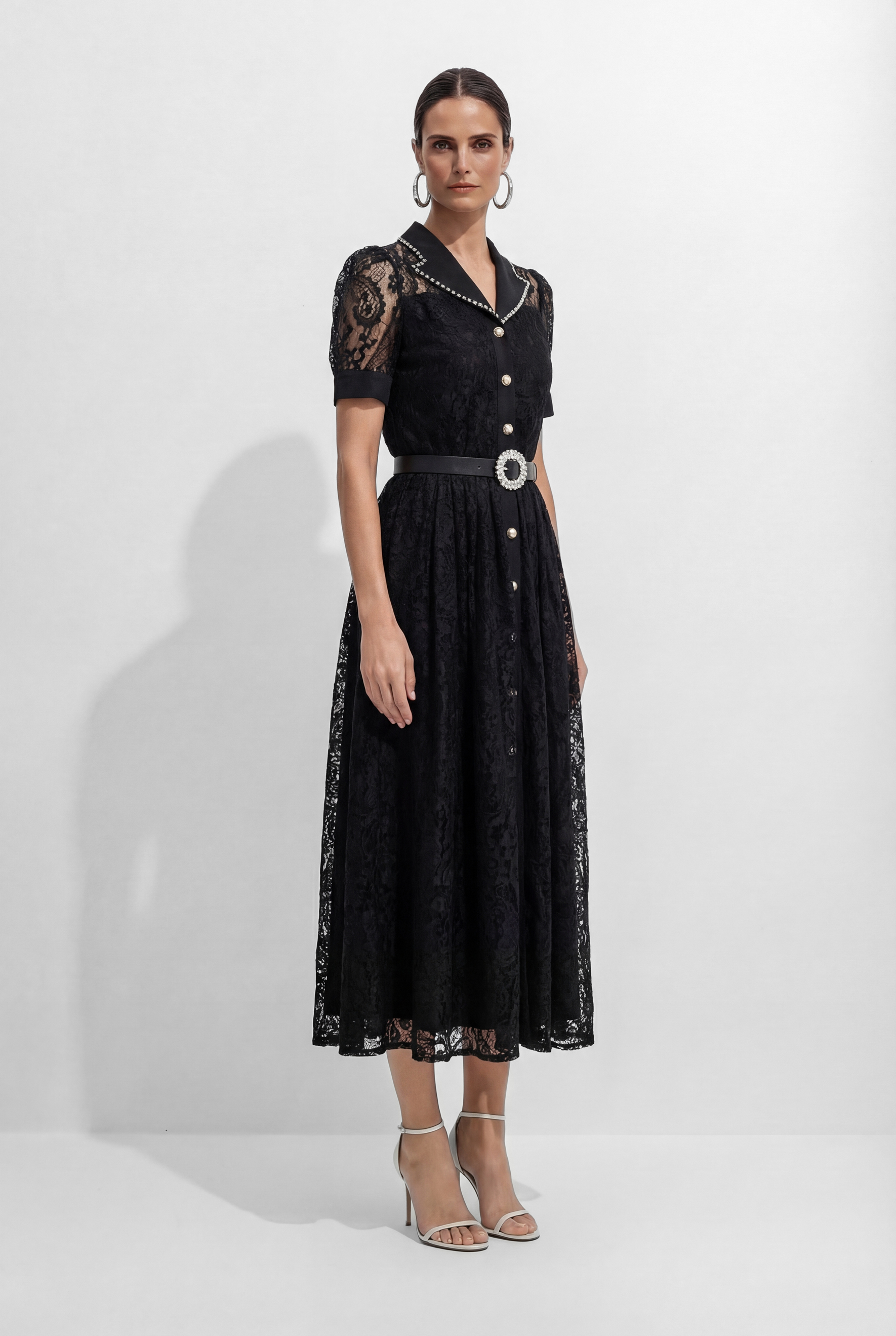 Be The One Black Lapel Collar Lace Midi Dress-purelyfable