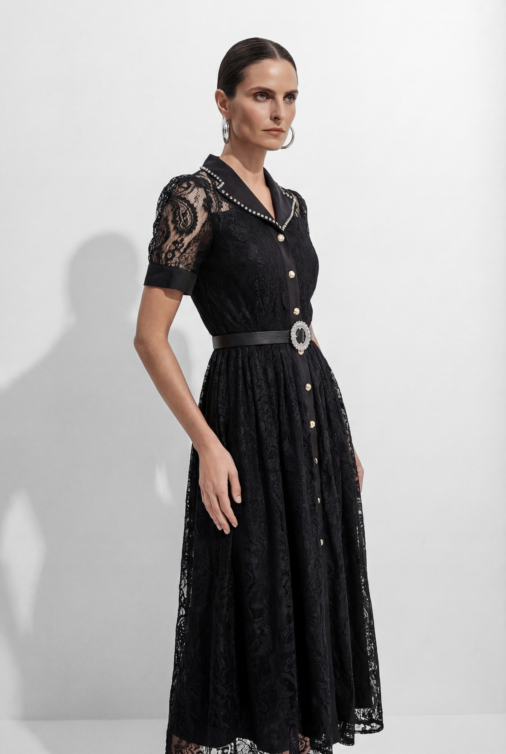 Be The One Black Lapel Collar Lace Midi Dress-purelyfable