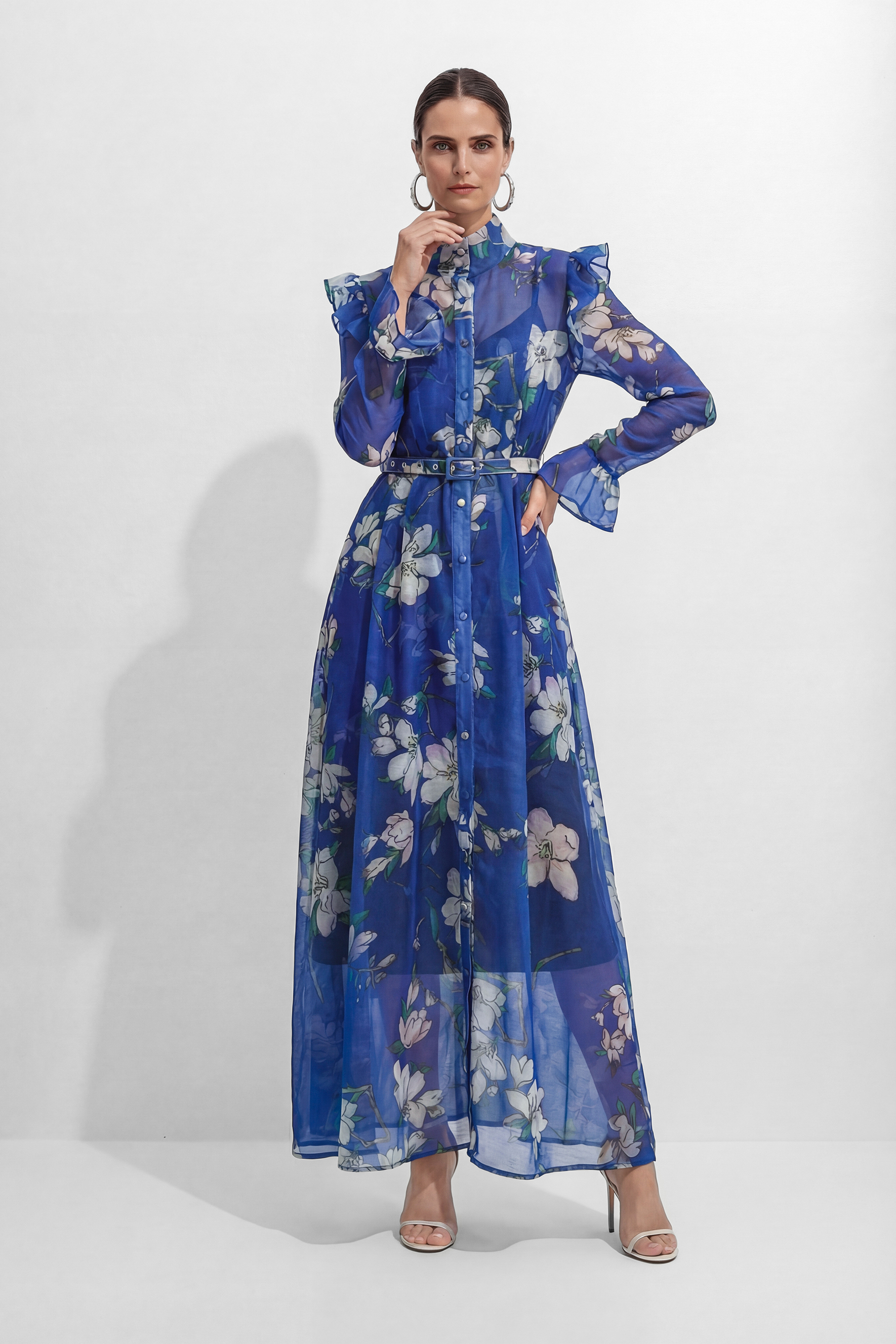 See The Vision Blue Floral Print Ruffle Maxi Dress-purelyfable
