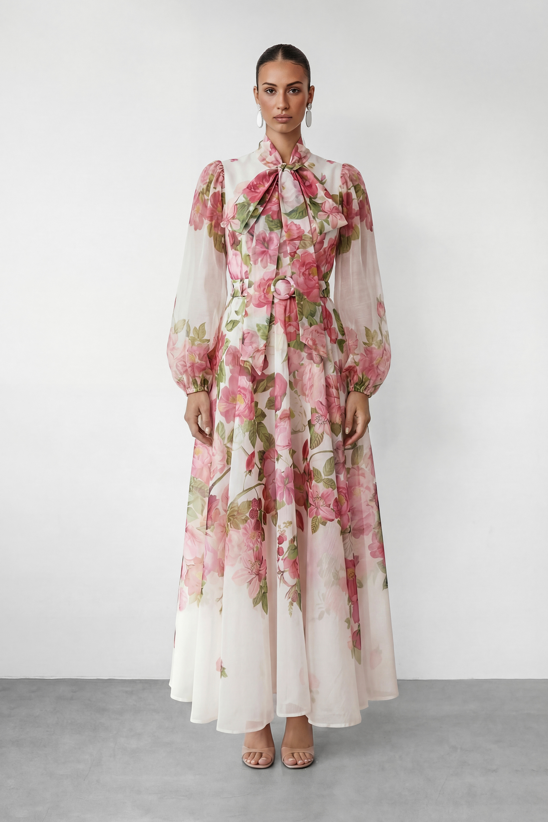 Sweet Blossom Pink Floral Print Bow Neck Maxi Dress-purelyfable