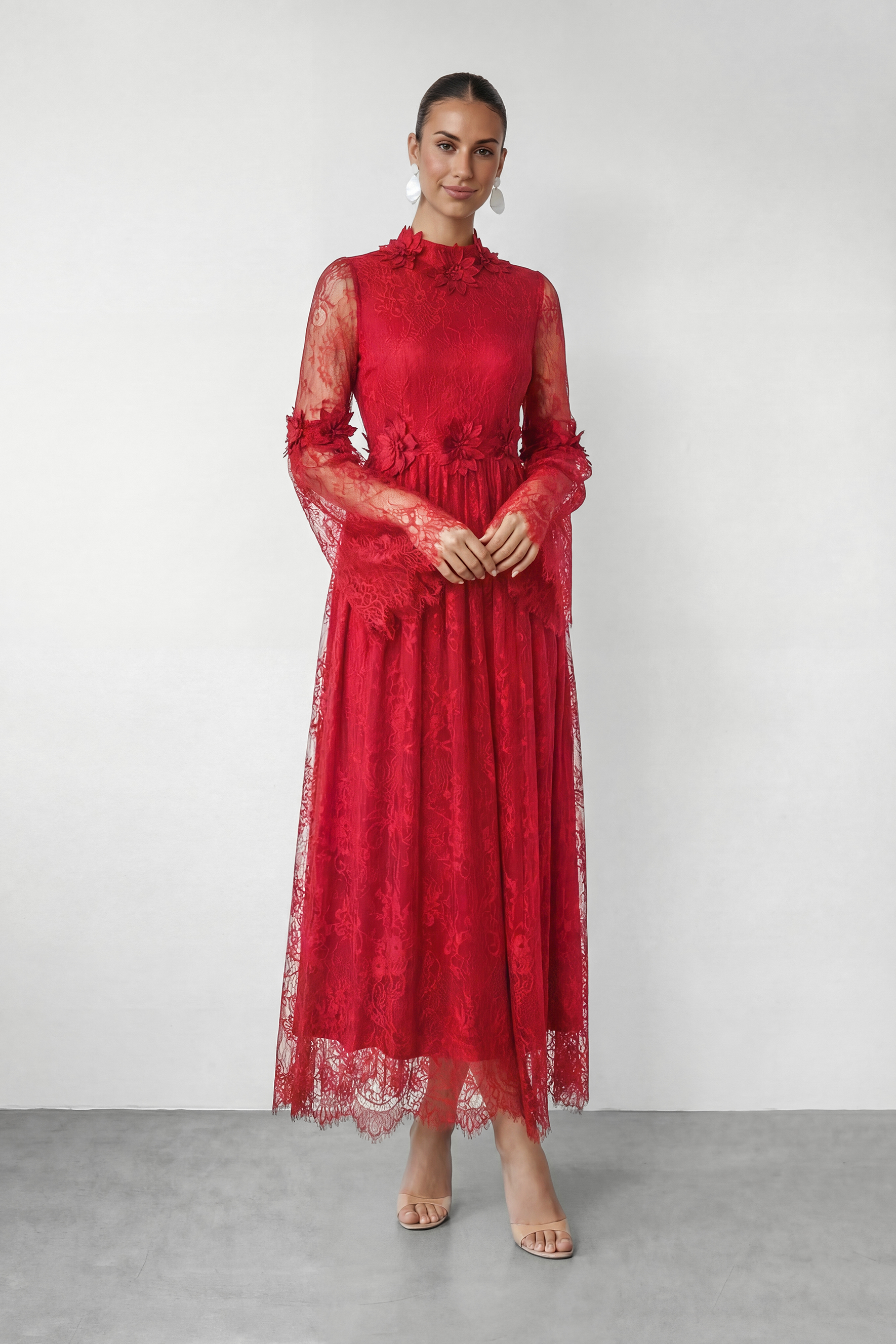 Meet Me Tonight Red Floral Applique Lace Maxi Dress-purelyfable