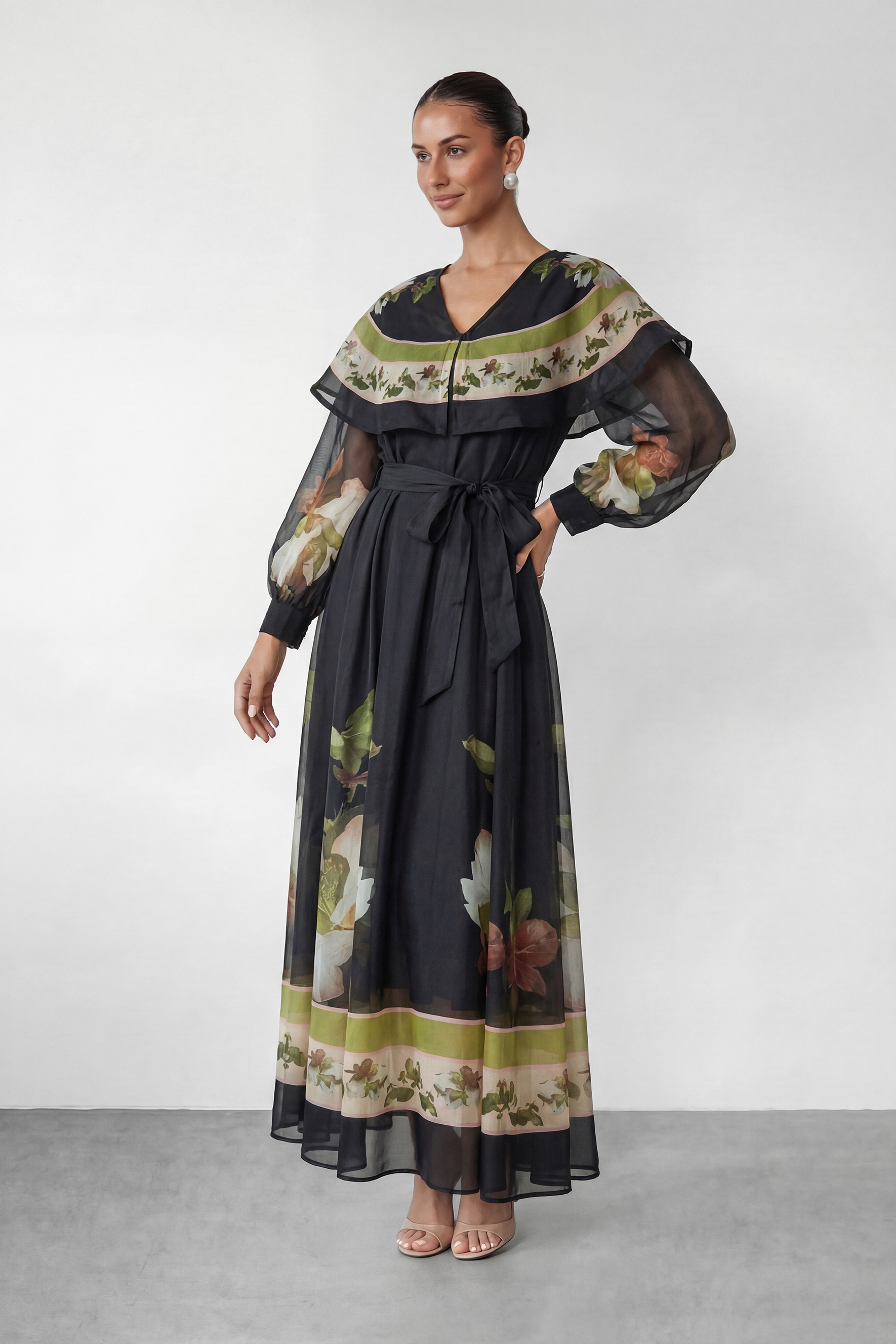 Dark Charm Black Floral Print Cape Collar Maxi Dress-purelyfable