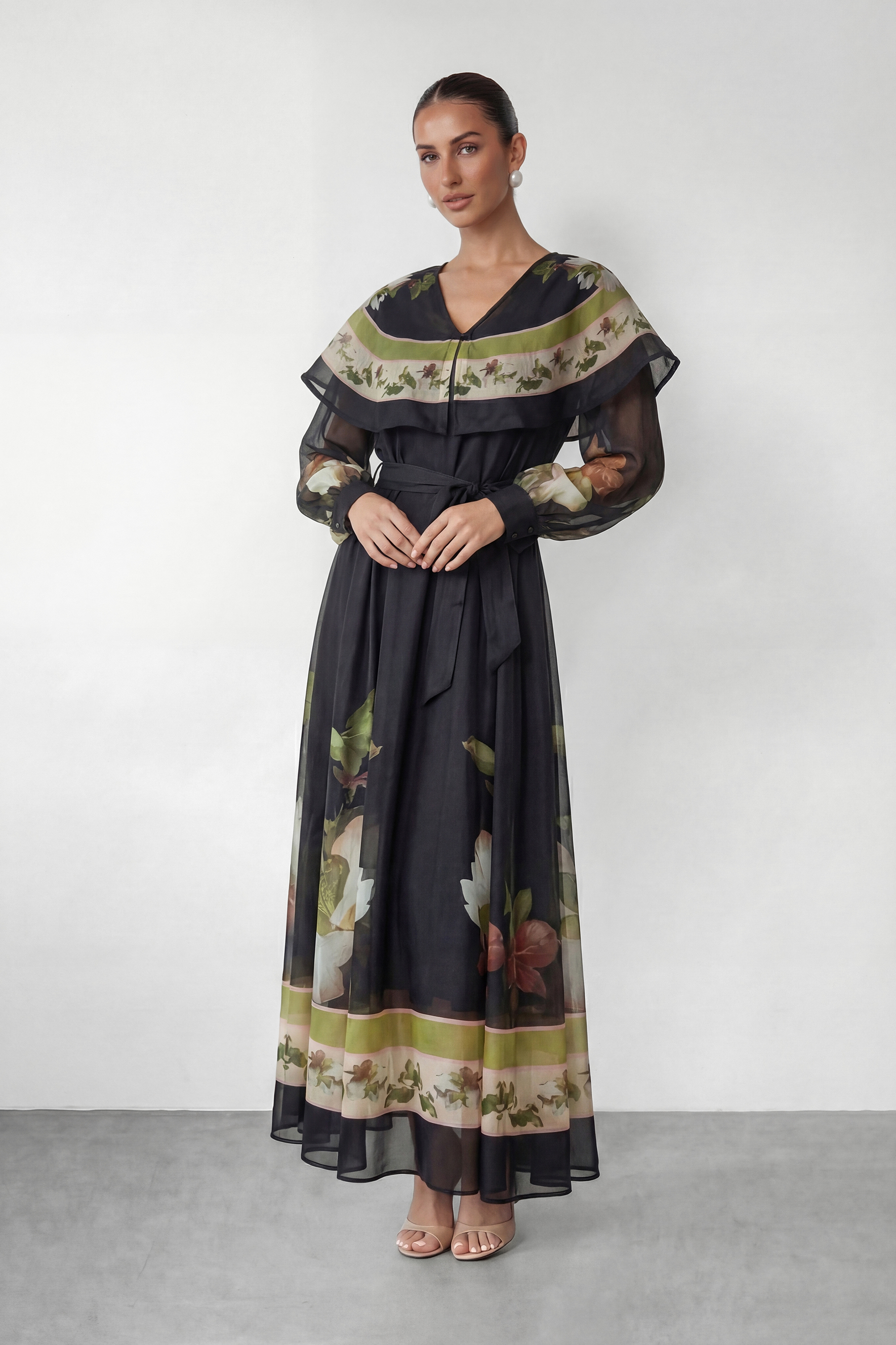 Dark Charm Black Floral Print Cape Collar Maxi Dress-purelyfable