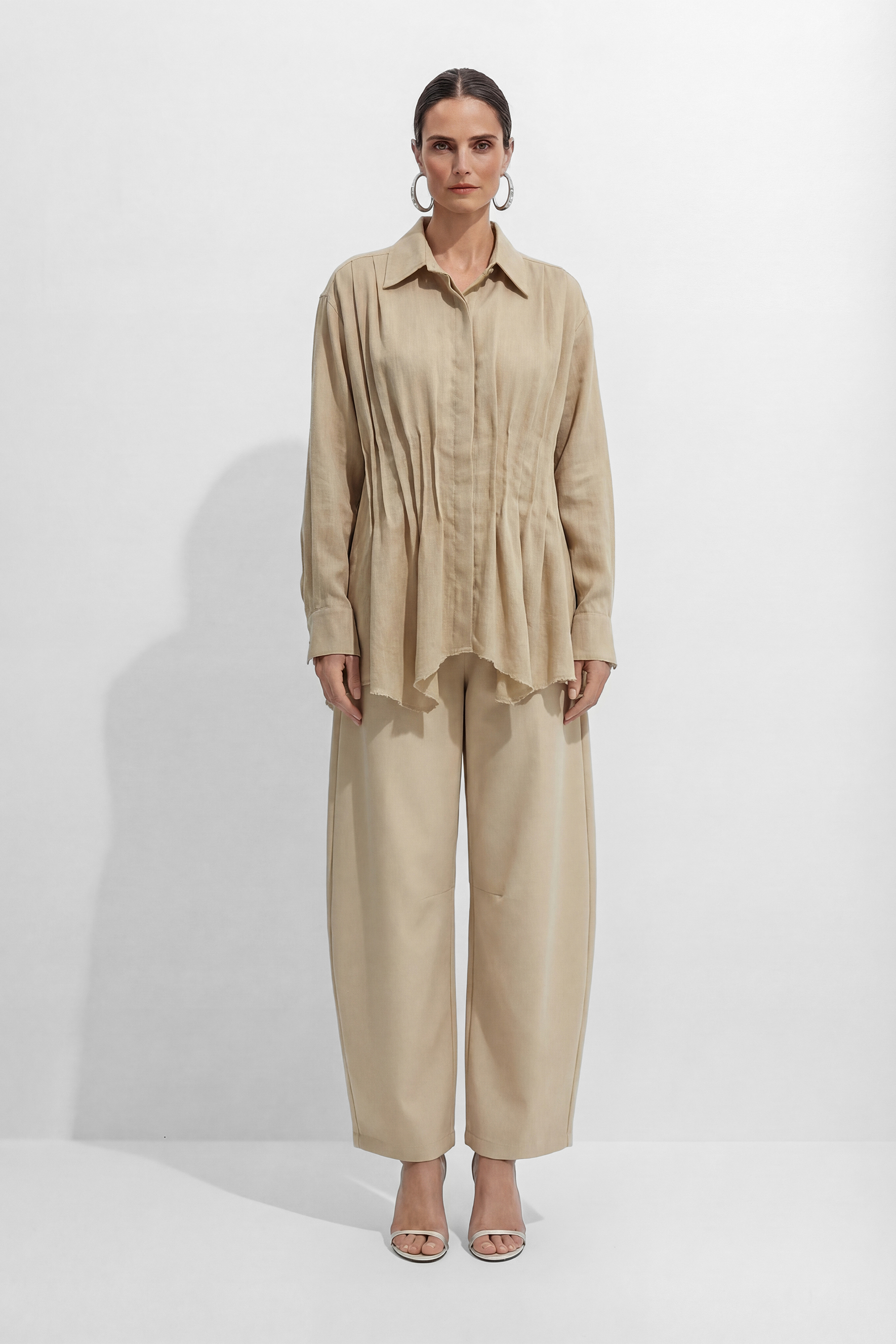 Relaxed Day Khaki Waist Pleat Asymmetrical Hem Shirt-purelyfable