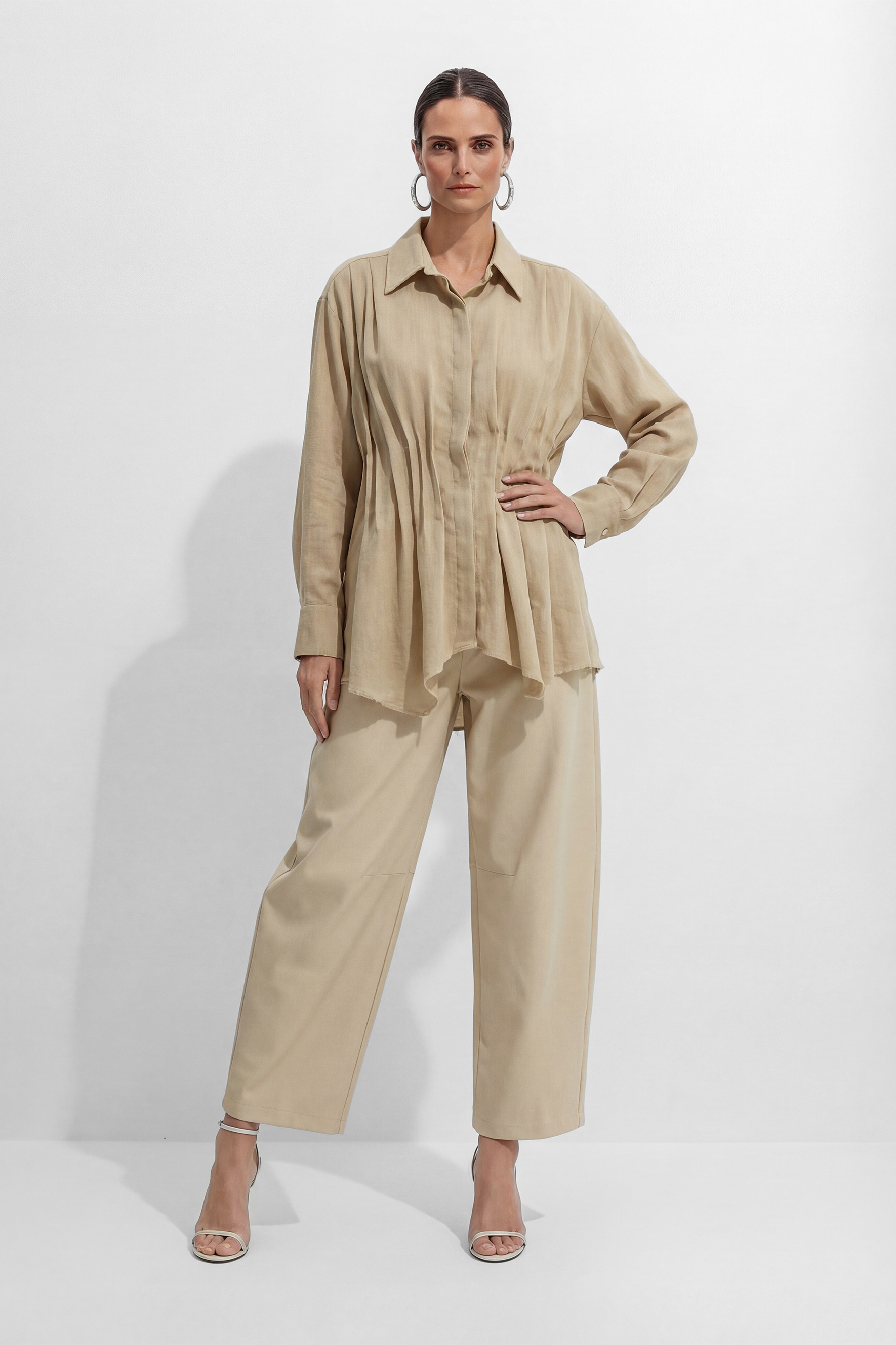 Relaxed Day Khaki Waist Pleat Asymmetrical Hem Shirt-purelyfable