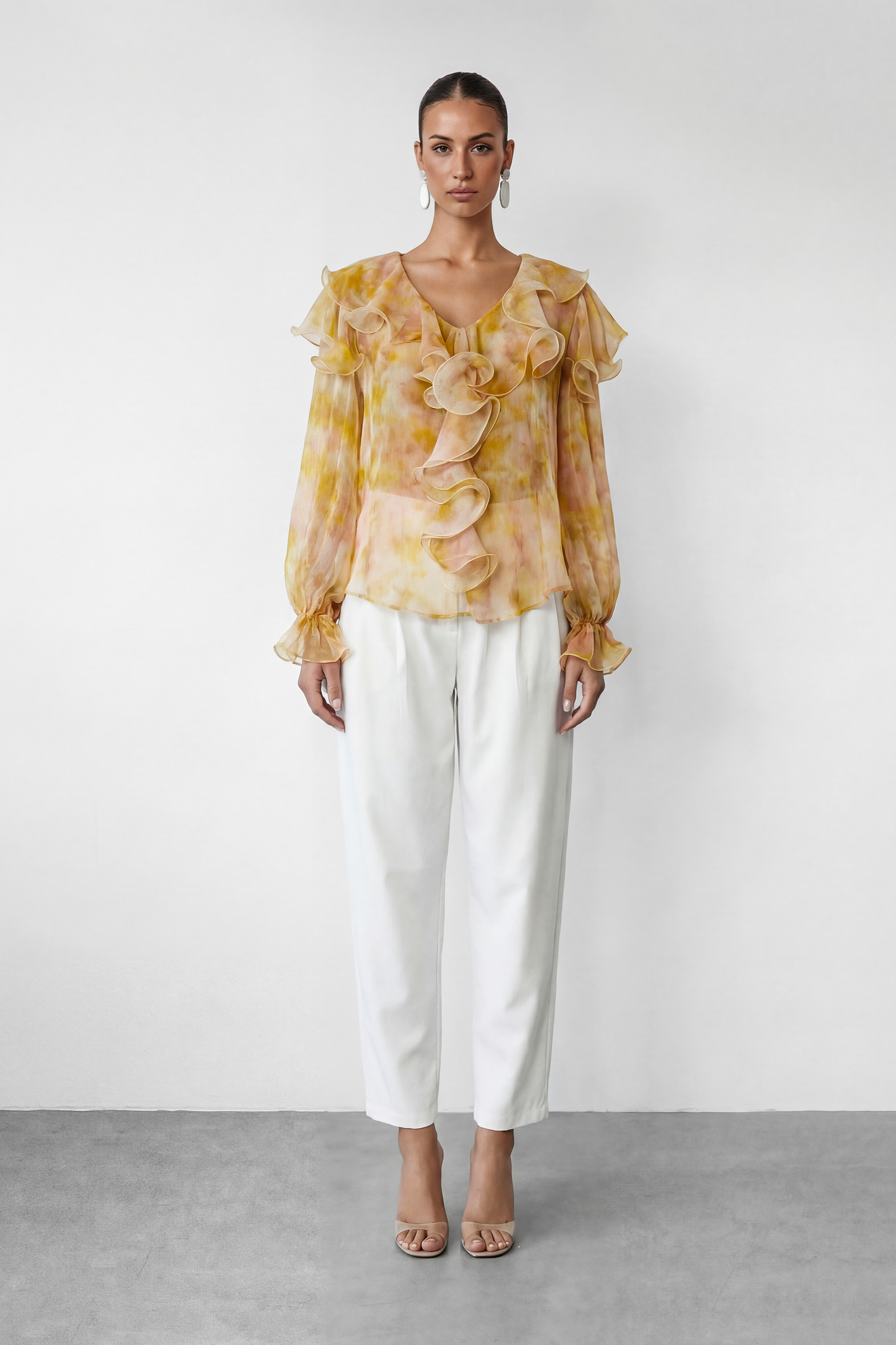 Light Reverie Apricot Ruffle Watercolor Print Blouse-purelyfable