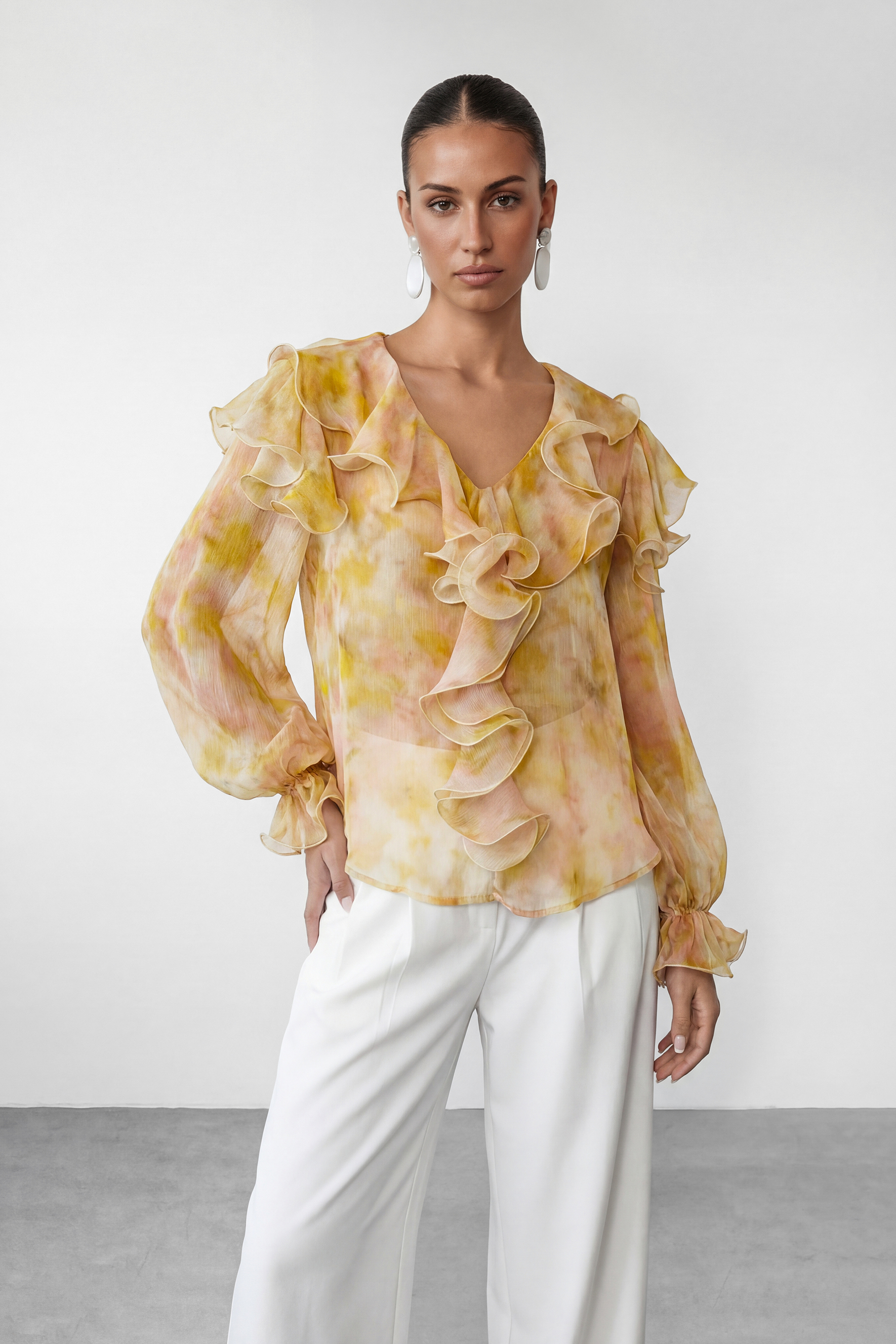 Light Reverie Apricot Ruffle Watercolor Print Blouse-purelyfable