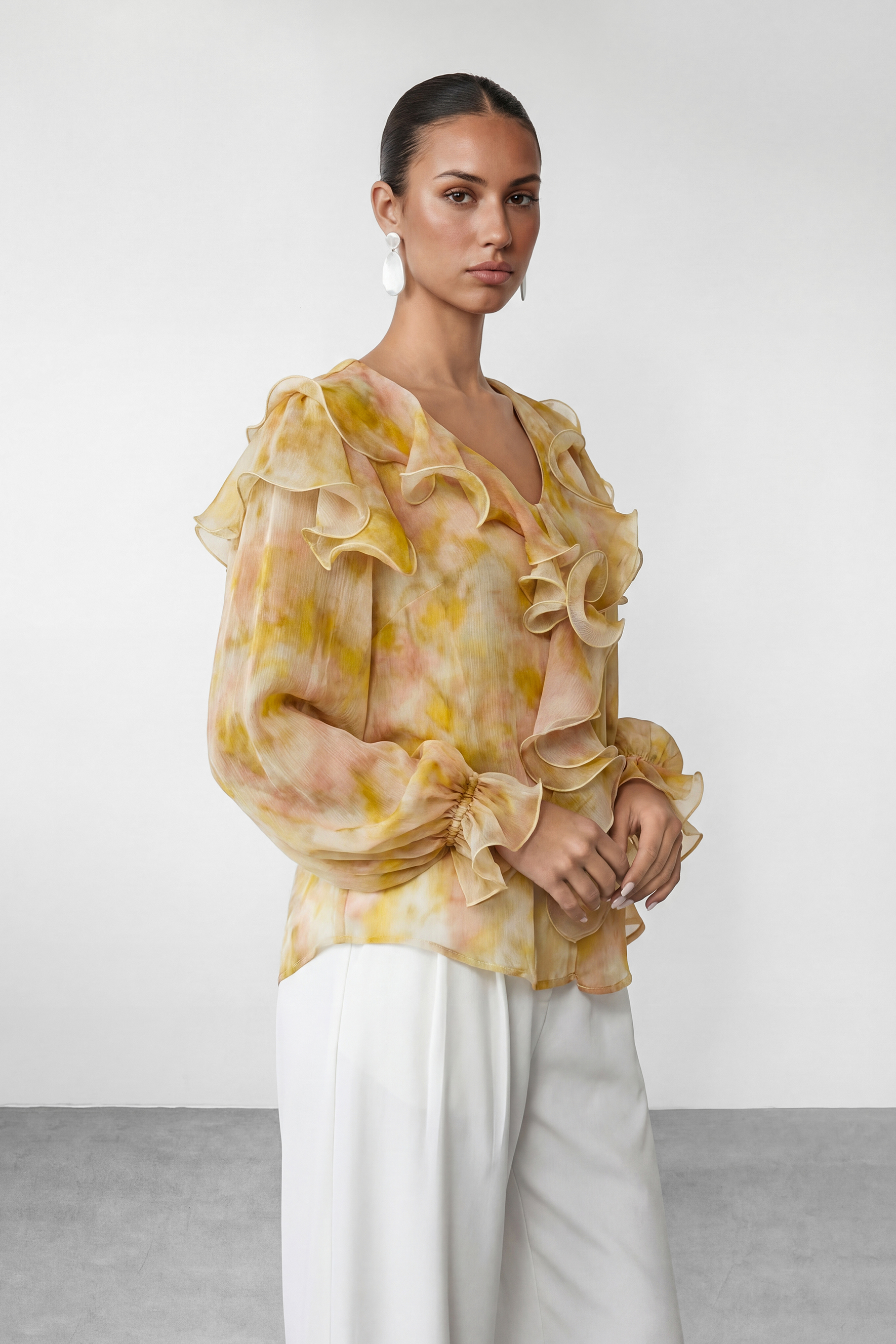 Light Reverie Apricot Ruffle Watercolor Print Blouse-purelyfable