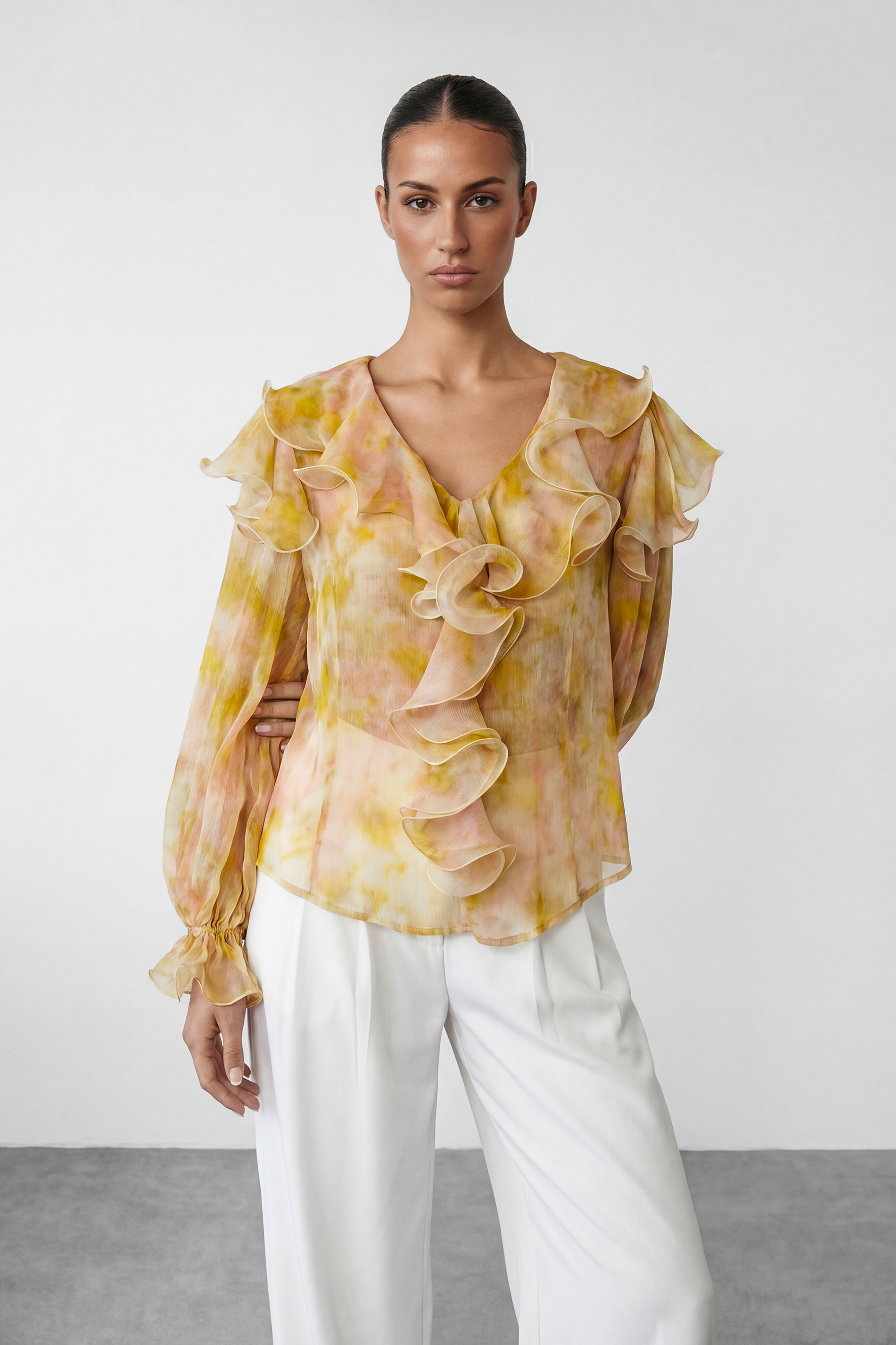 Light Reverie Apricot Ruffle Watercolor Print Blouse-purelyfable