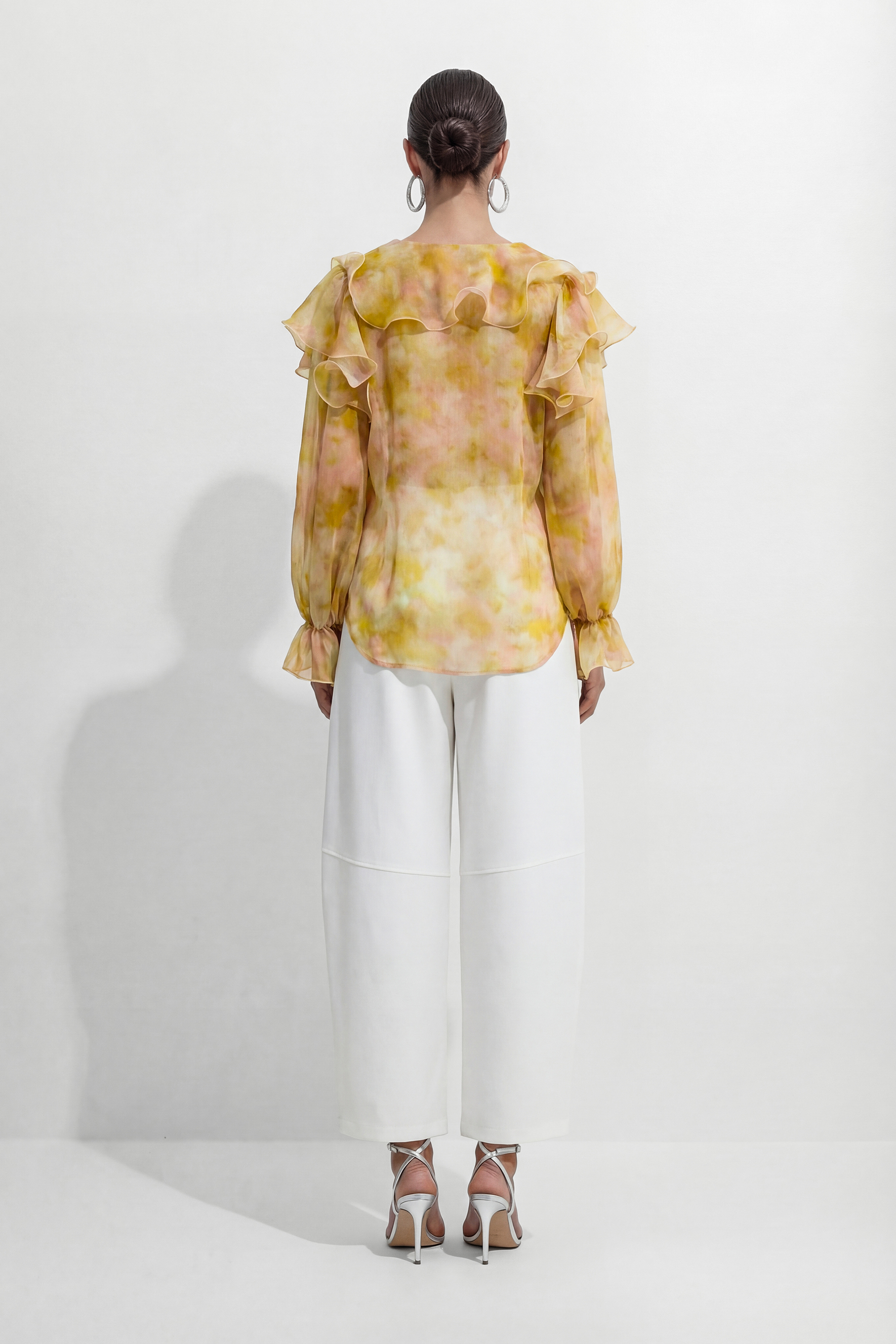 Light Reverie Apricot Ruffle Watercolor Print Blouse-purelyfable