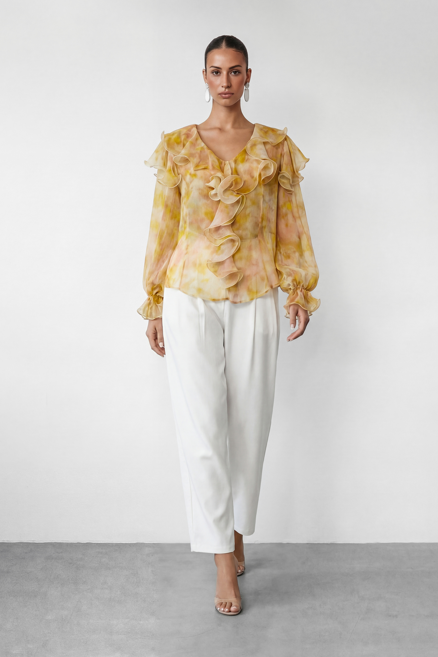 Light Reverie Apricot Ruffle Watercolor Print Blouse-purelyfable