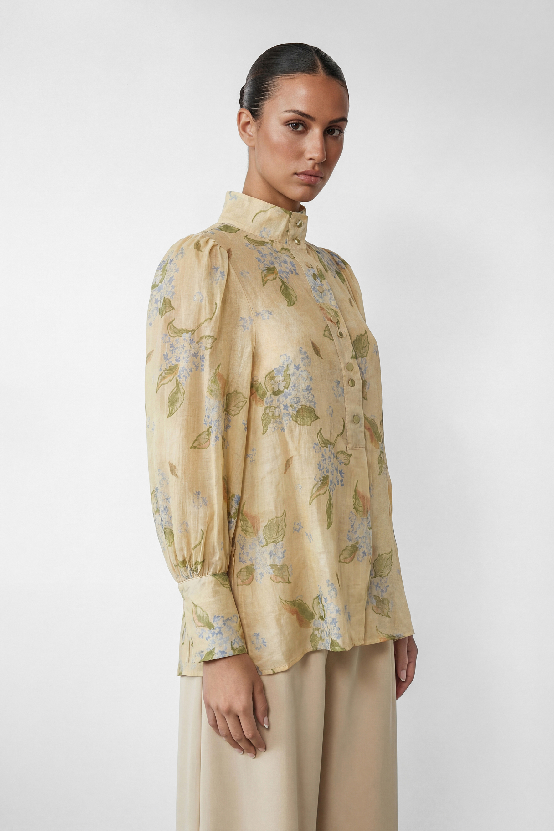 Garden Story Beige Floral Print High Neck Blouse-purelyfable
