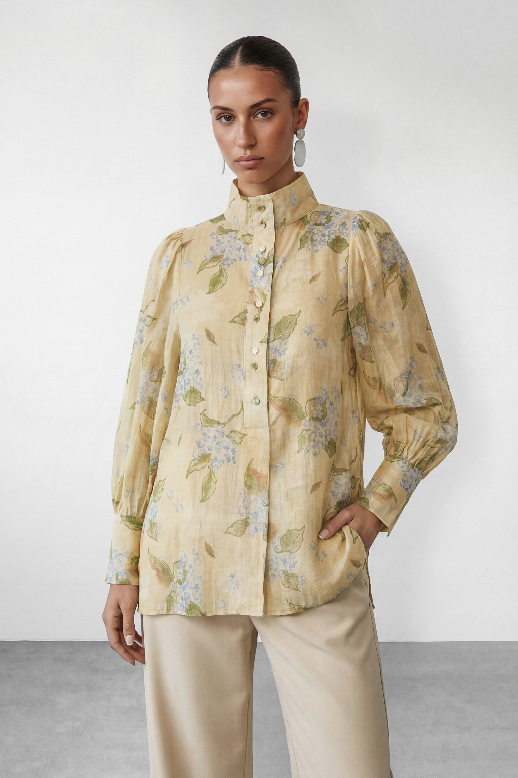 Garden Story Beige Floral Print High Neck Blouse-purelyfable