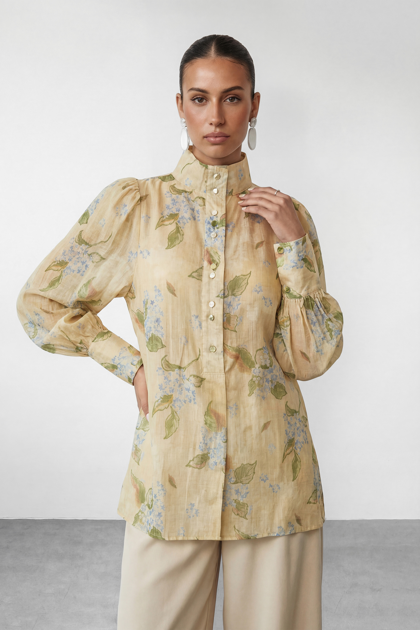 Garden Story Beige Floral Print High Neck Blouse-purelyfable