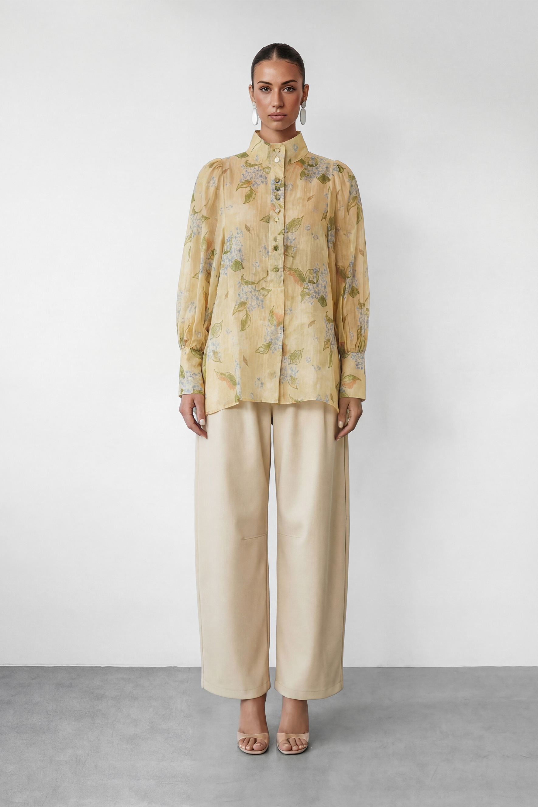Garden Story Beige Floral Print High Neck Blouse-purelyfable