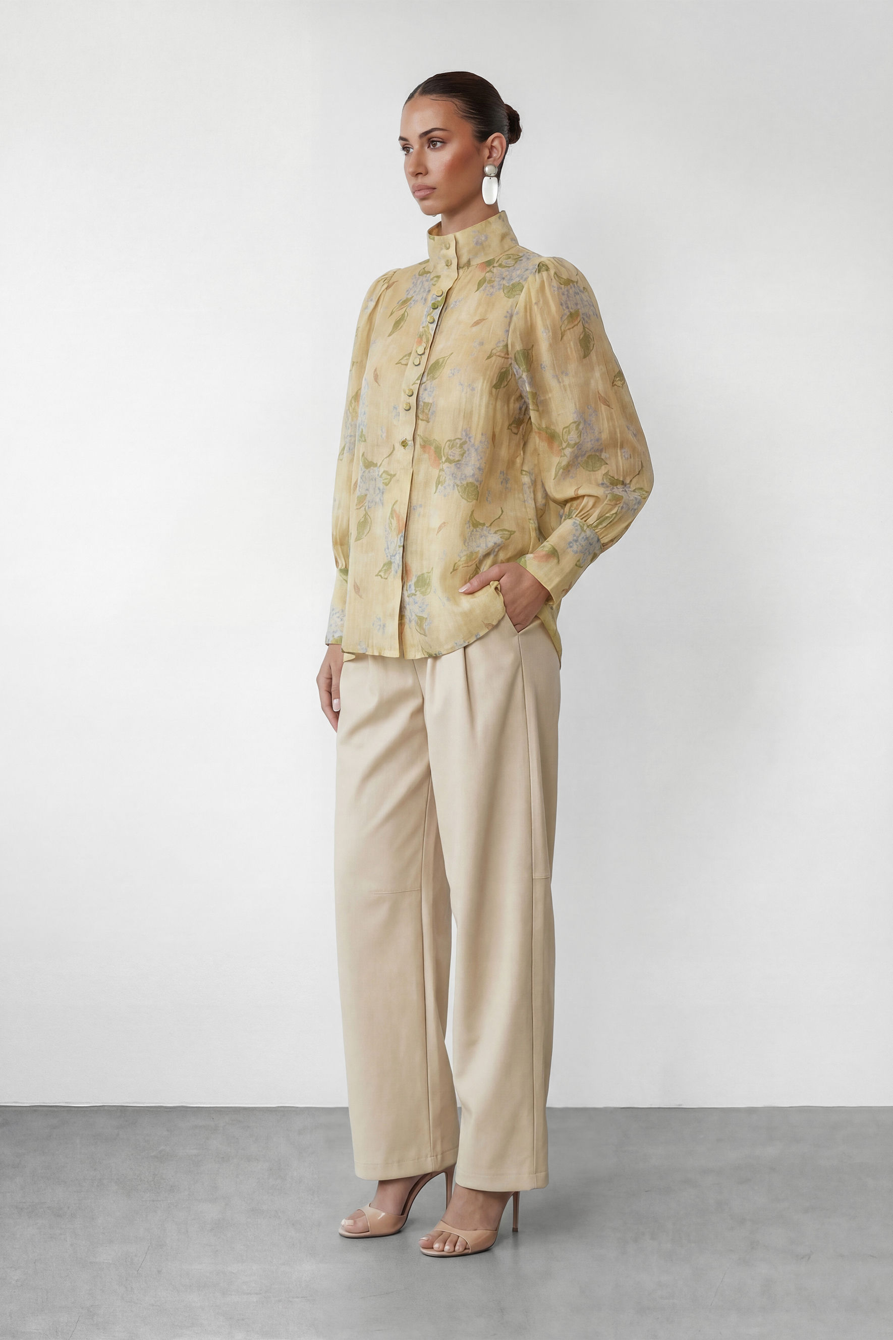 Garden Story Beige Floral Print High Neck Blouse-purelyfable