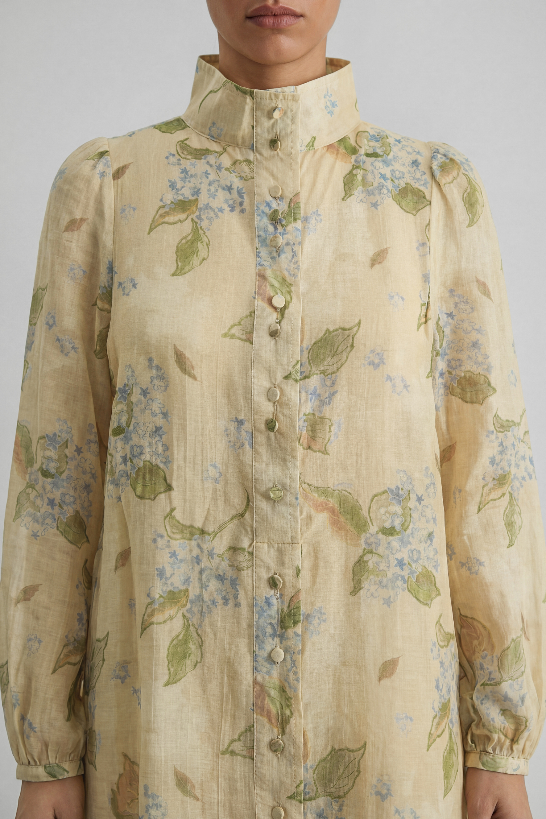 Garden Story Beige Floral Print High Neck Blouse-purelyfable