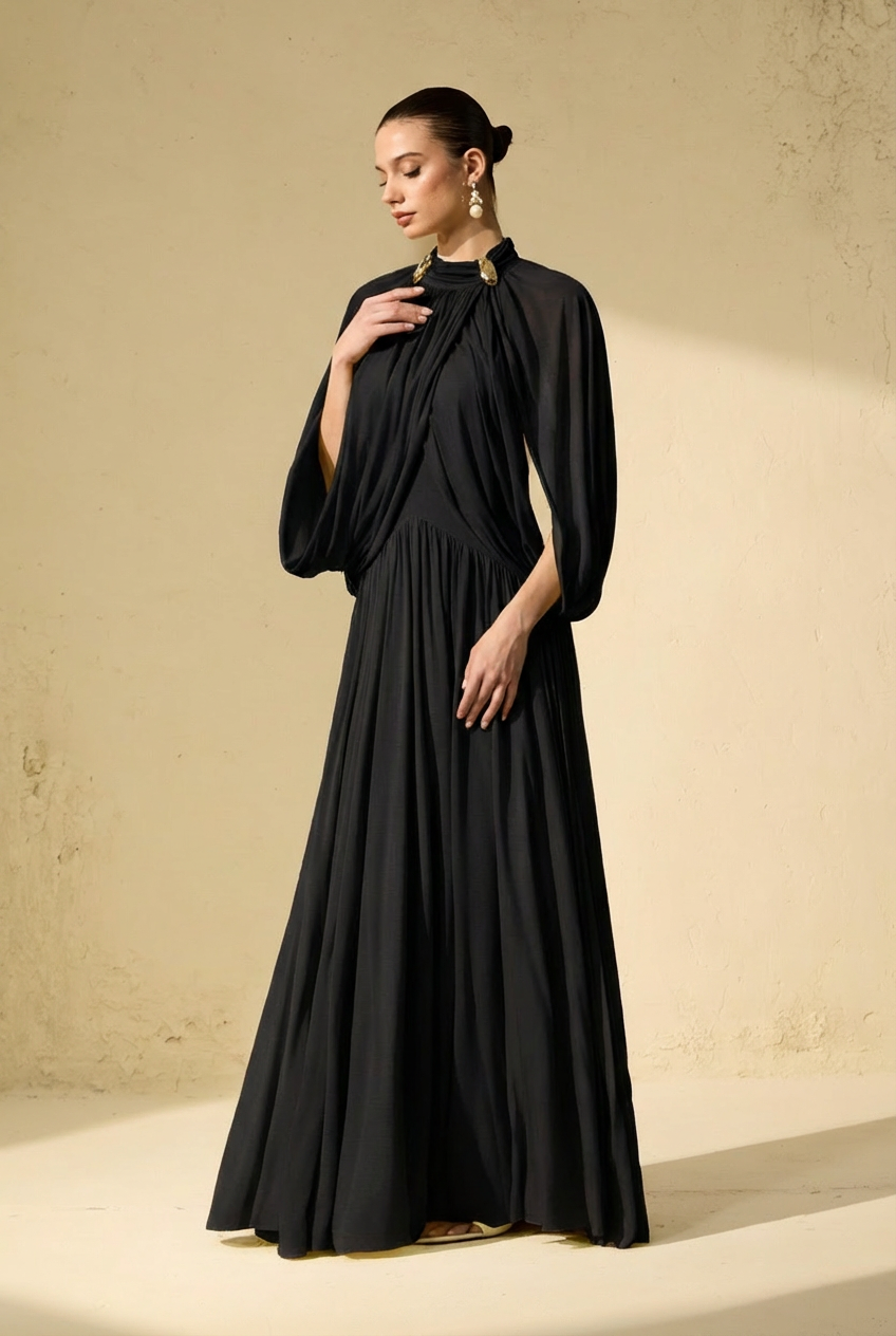 Twilight Whispers Black Draped Cape Sleeve Knit Maxi Dress-purelyfable