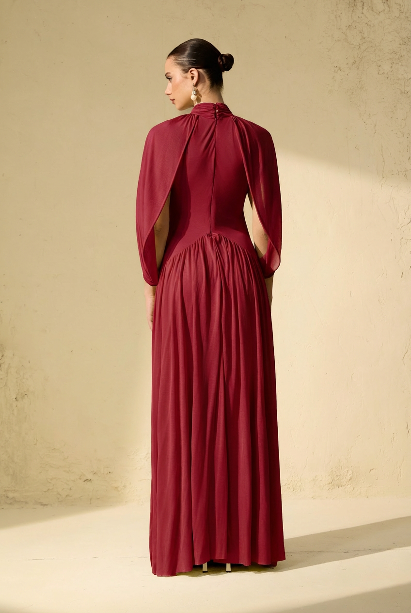 Twilight Whispers Red Draped Cape Sleeve Knit Maxi Dress-purelyfable