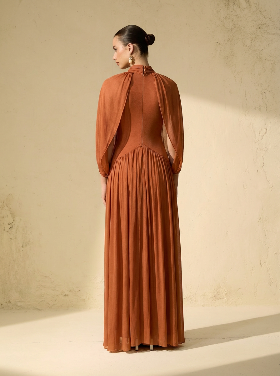 Twilight Whispers Brown Draped Cape Sleeve Knit Maxi Dress-purelyfable