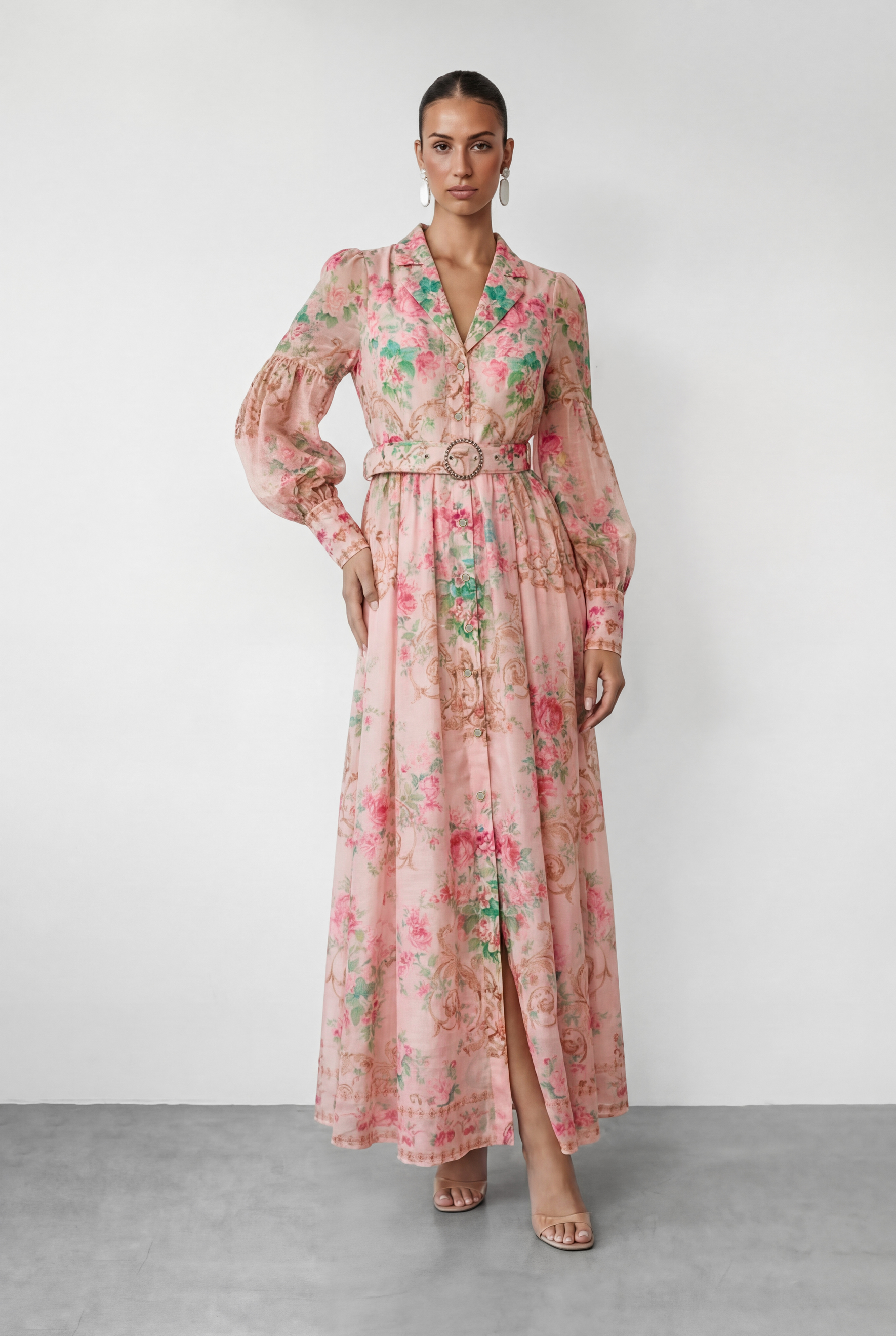 Vivid Daydream Pink Floral Print Rhinestone Belt Maxi Dress-purelyfable