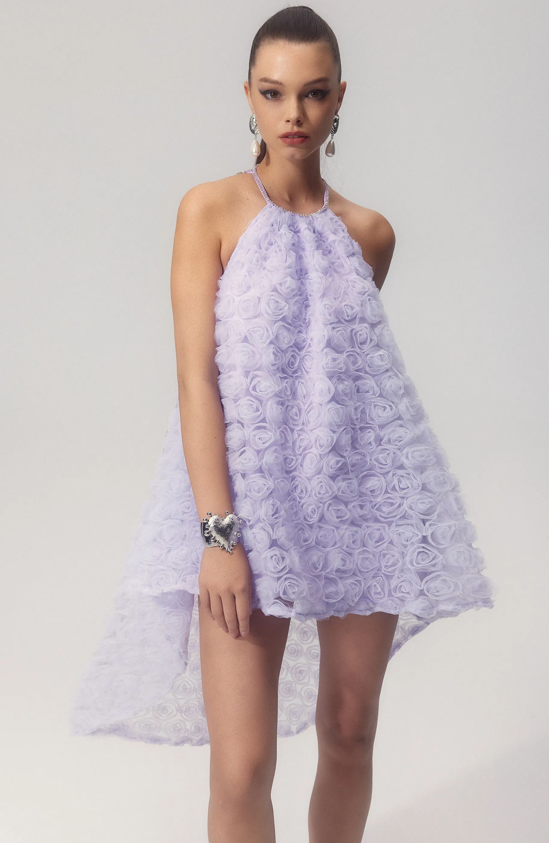 Michaelia Floral Applique Halter Mini Mesh Dress-purelyfable