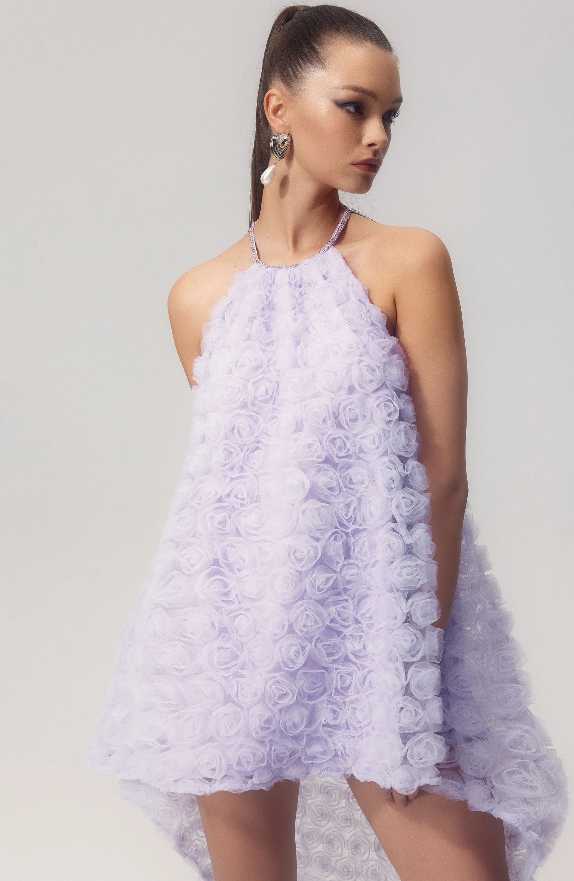 Michaelia Floral Applique Halter Mini Mesh Dress-purelyfable