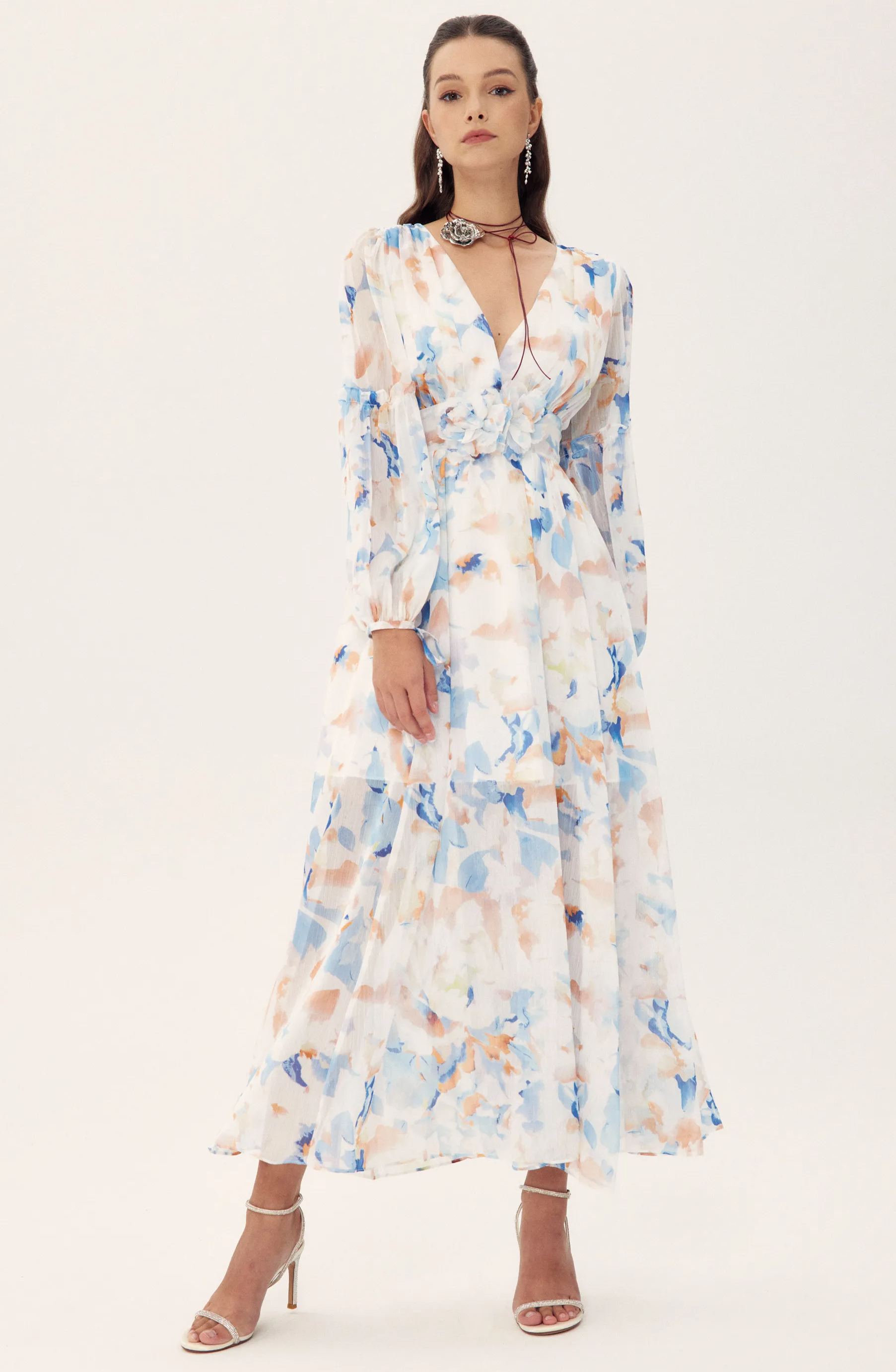 Shirley Printed V-neck Midi Chiffon Dress-purelyfable