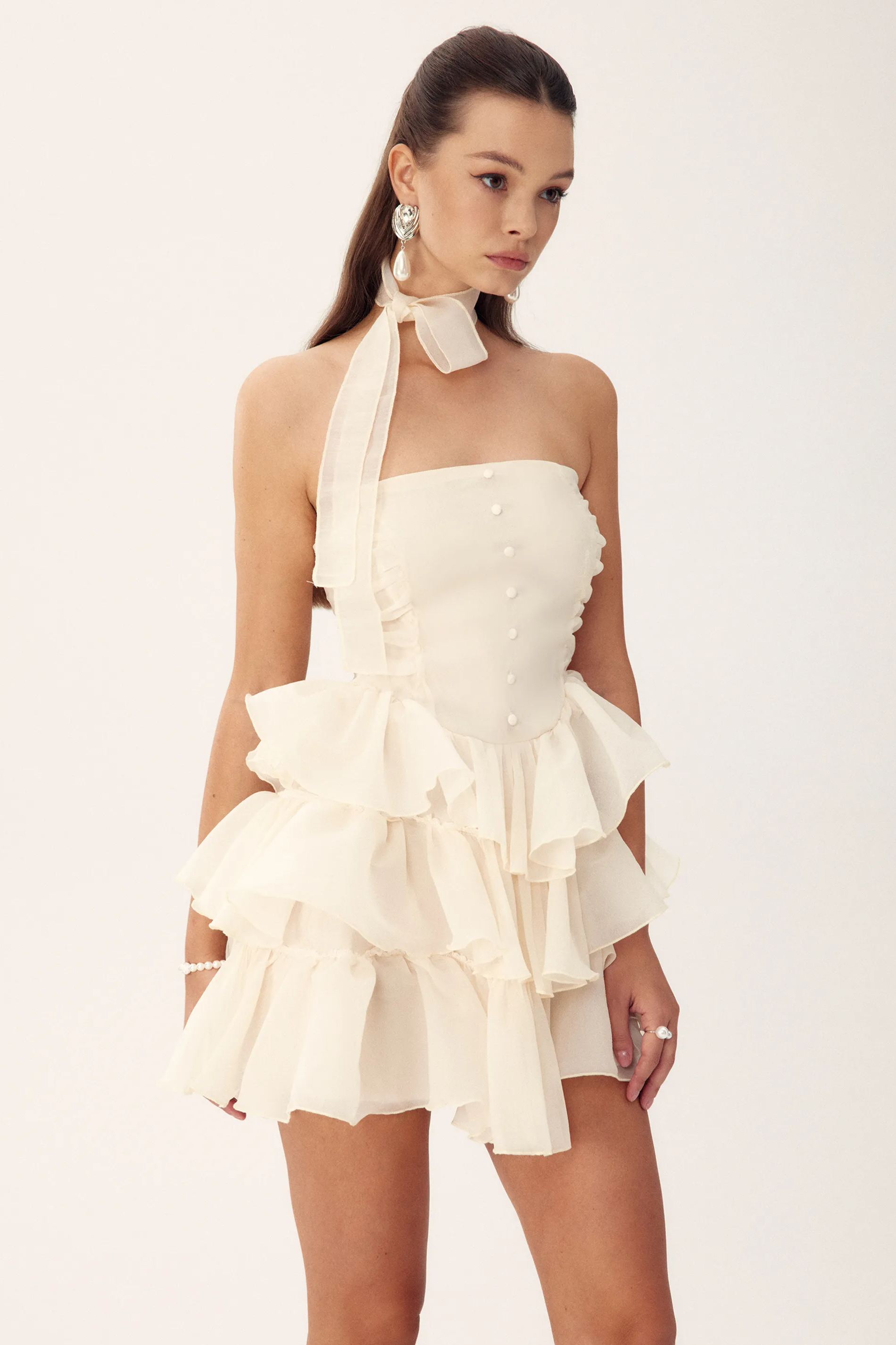 Janice Strapless Ruffle Mini Chiffon Dress-purelyfable