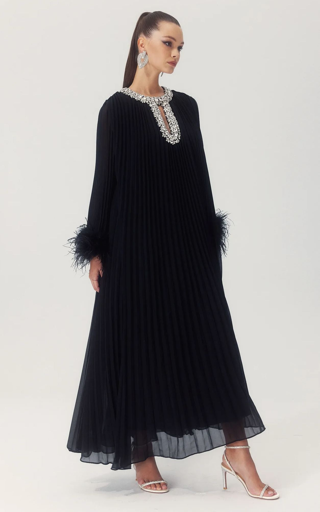 Yvonne Diamante Feathered Pleated Maxi Chiffon Dress-purelyfable