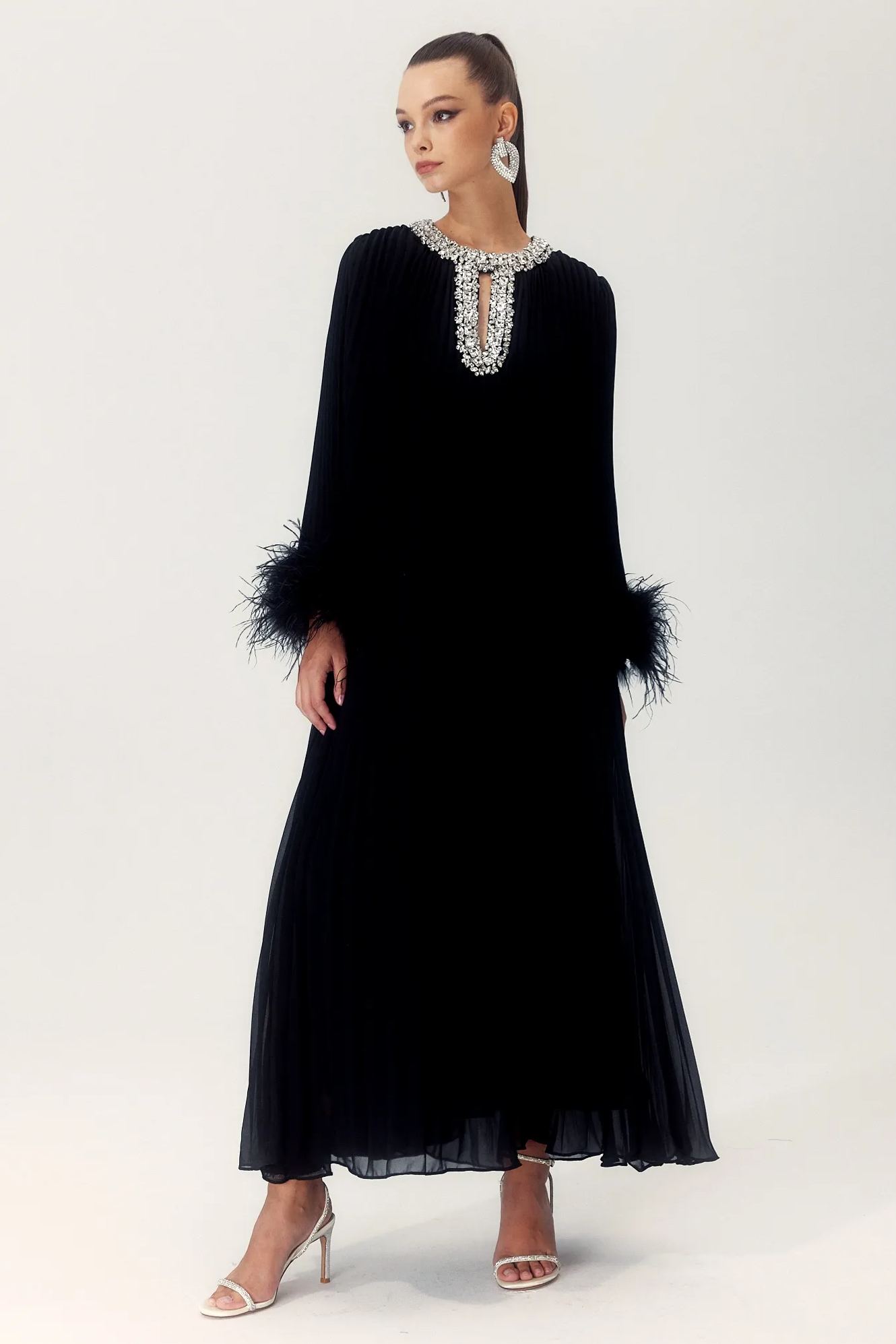 Yvonne Diamante Feathered Pleated Maxi Chiffon Dress-purelyfable