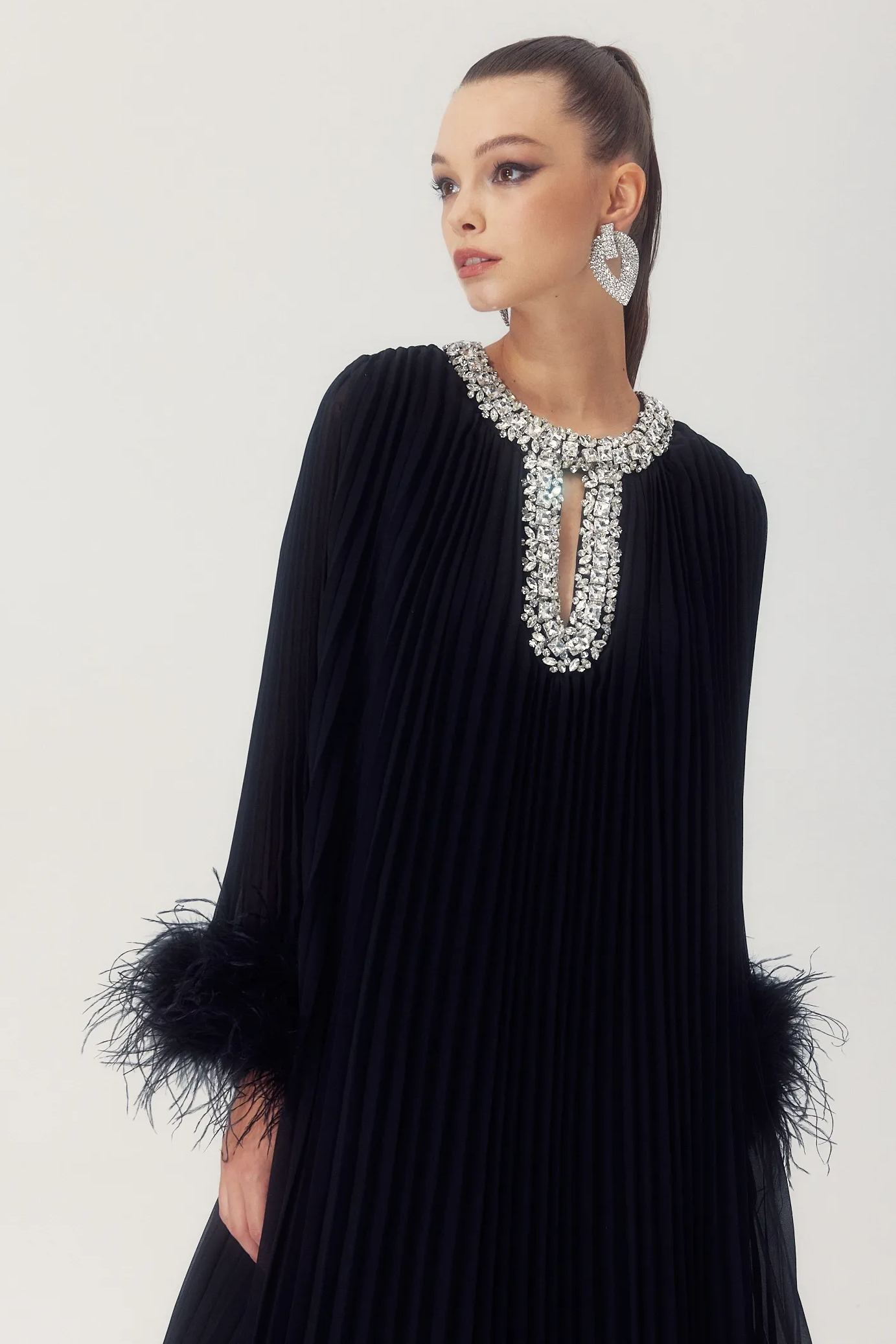 Yvonne Diamante Feathered Pleated Maxi Chiffon Dress-purelyfable
