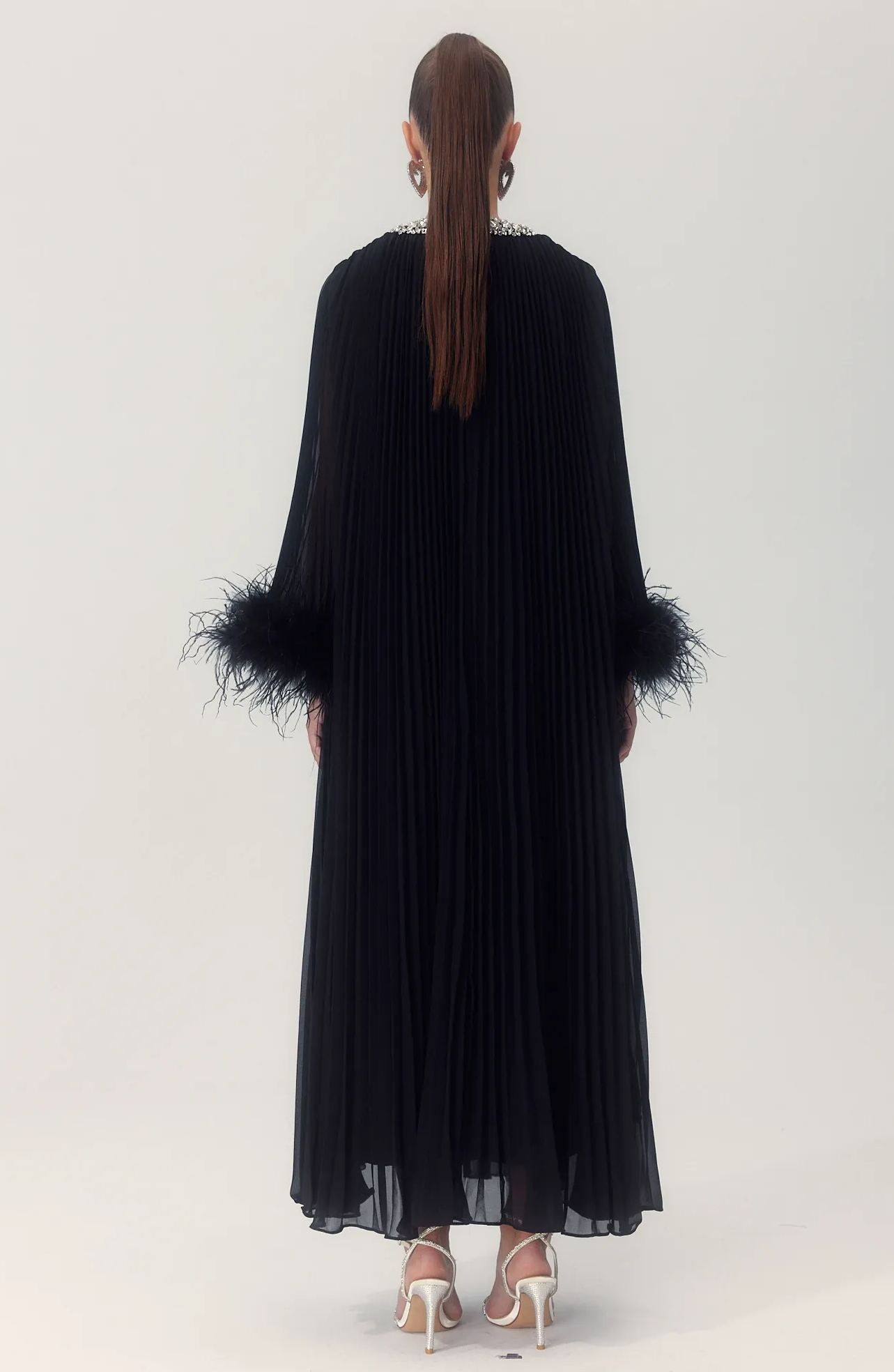 Yvonne Diamante Feathered Pleated Maxi Chiffon Dress-purelyfable