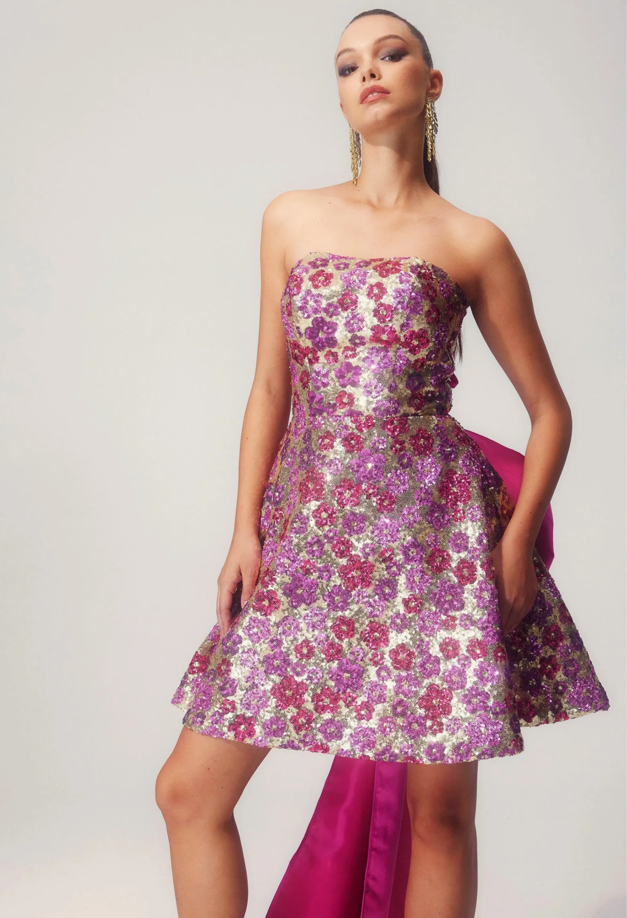 Madeline Flower Sequin Bowknot Mini Dress-purelyfable