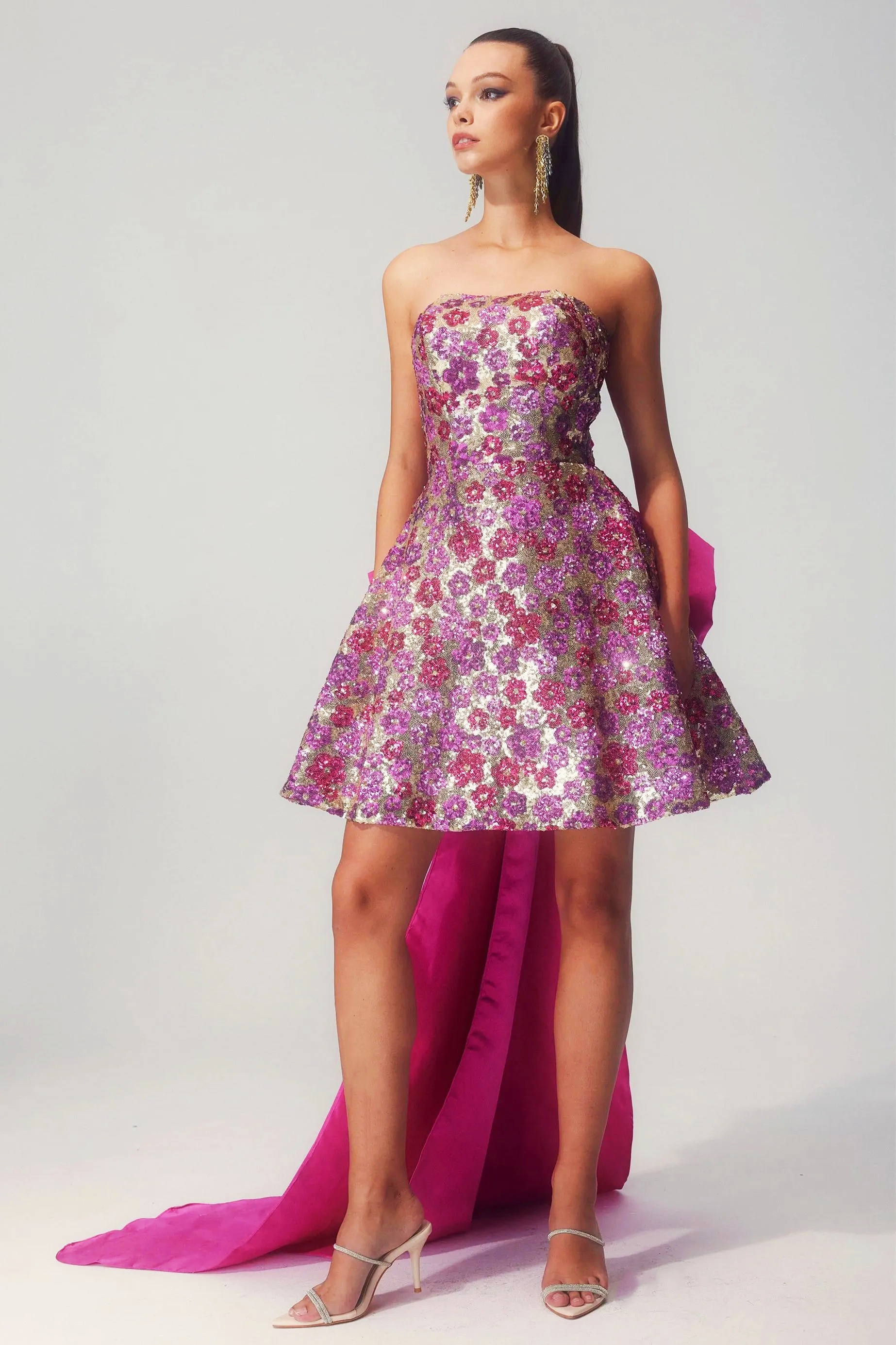 Madeline Flower Sequin Bowknot Mini Dress-purelyfable