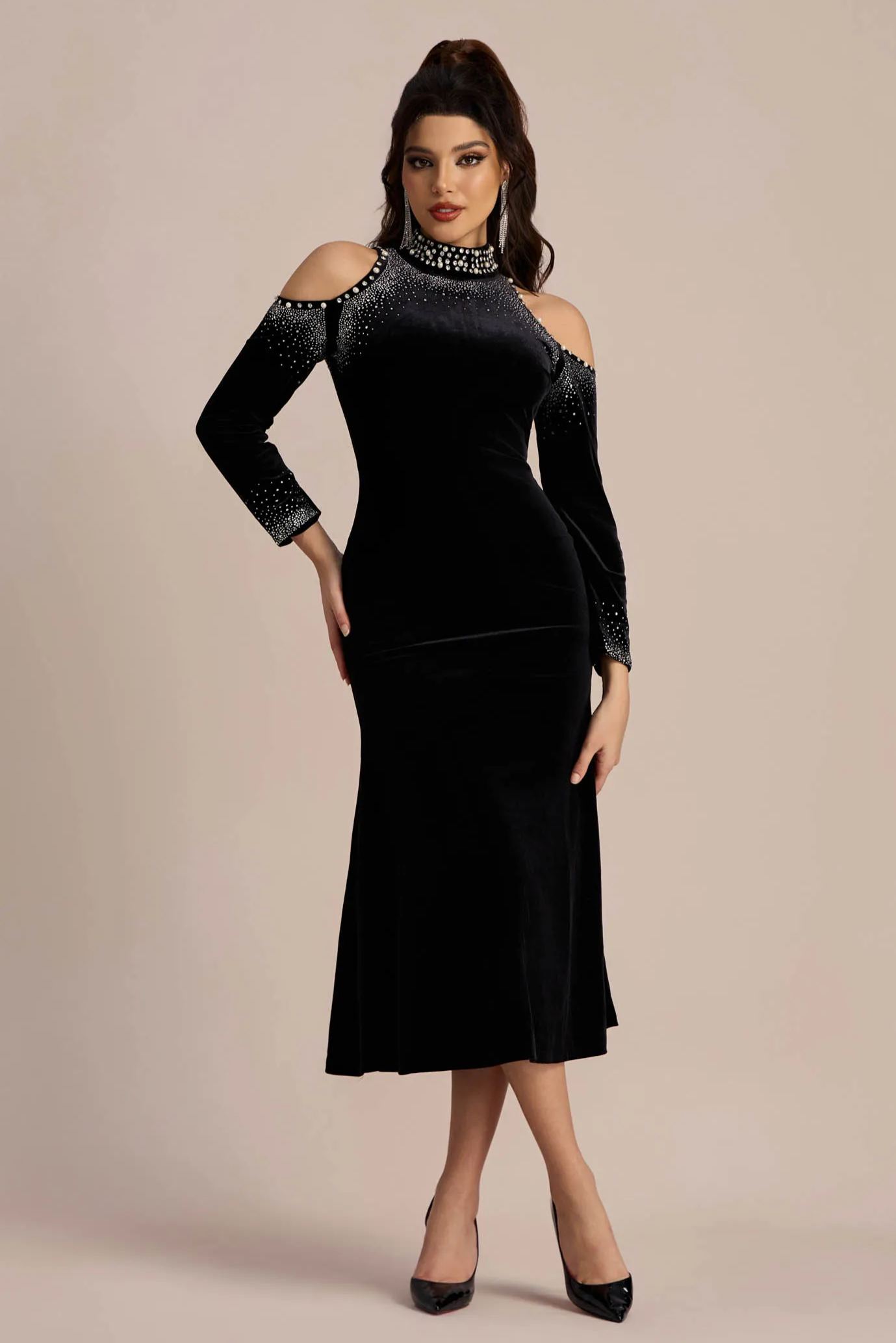 Audrey Embellished Turtleneck Velvet Midi Dress-purelyfable