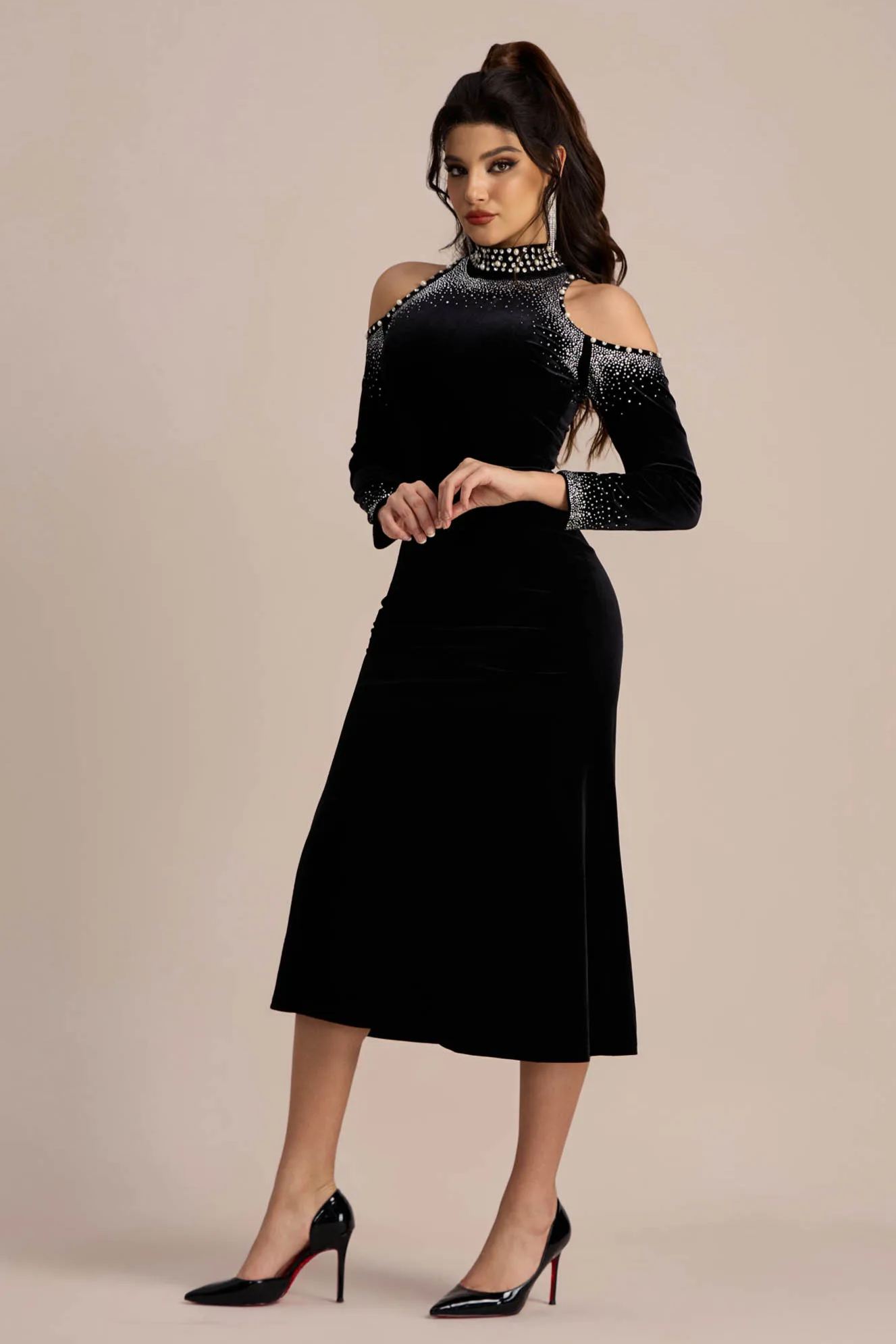 Audrey Embellished Turtleneck Velvet Midi Dress-purelyfable