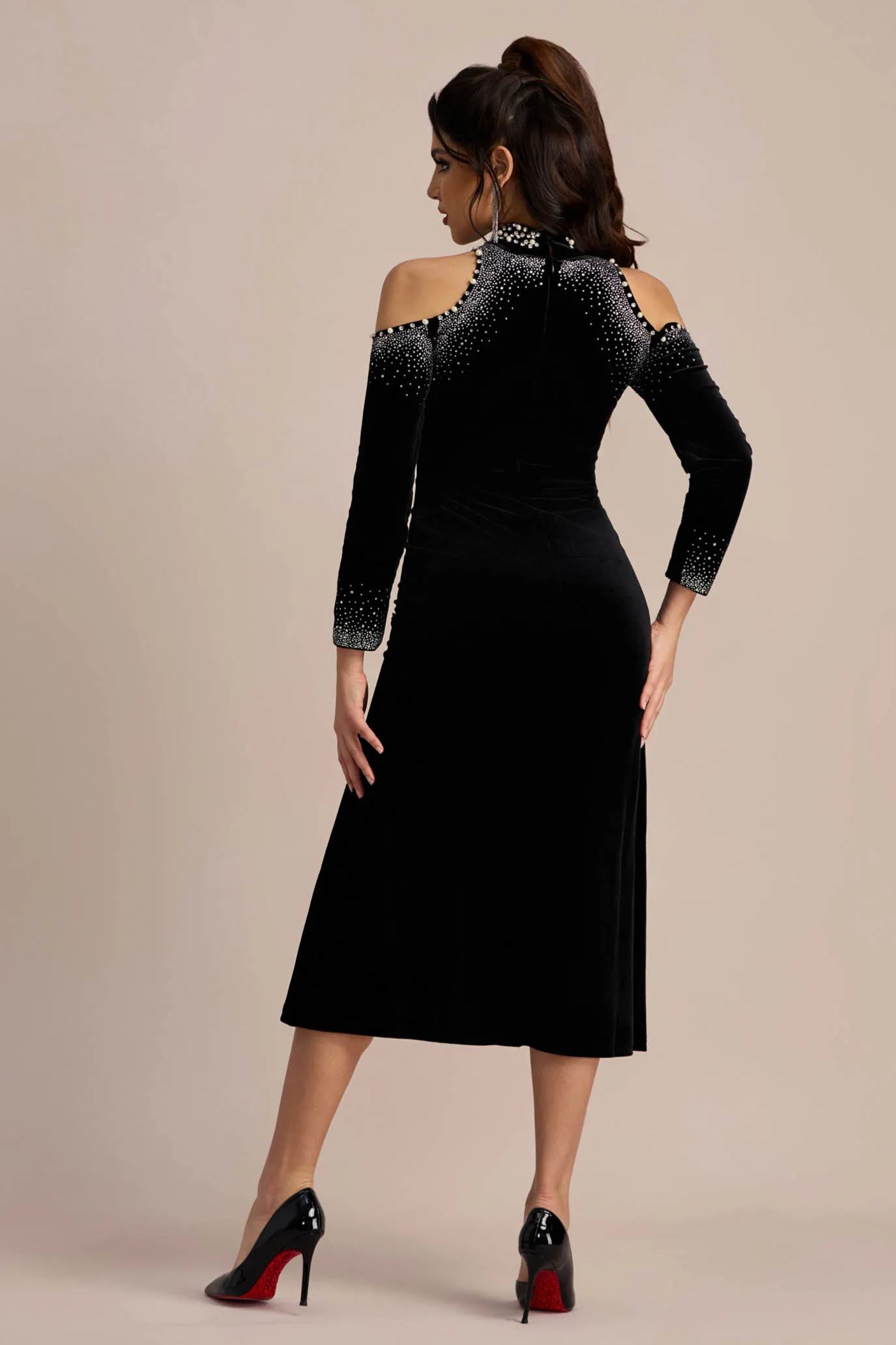 Audrey Embellished Turtleneck Velvet Midi Dress-purelyfable