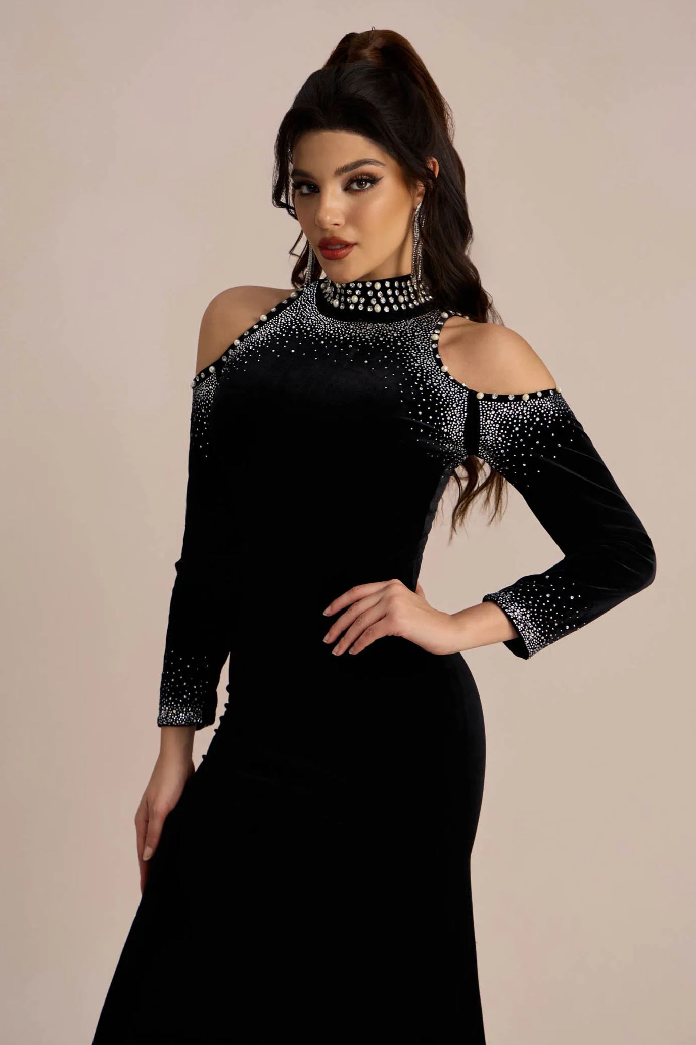 Audrey Embellished Turtleneck Velvet Midi Dress-purelyfable